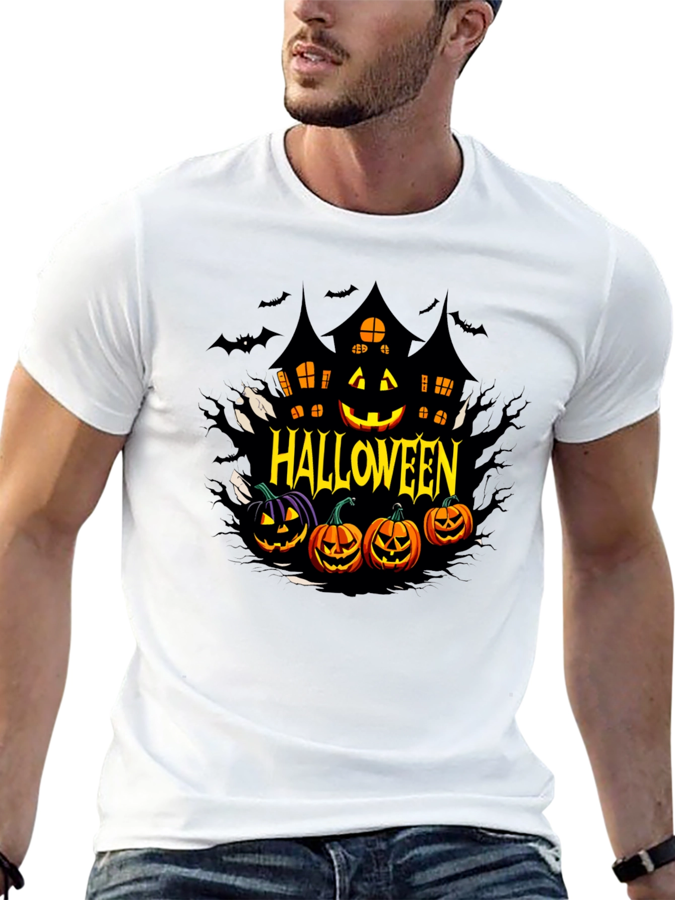 Halloween Graphic T-Shirt - Spooky House & Pumpkins