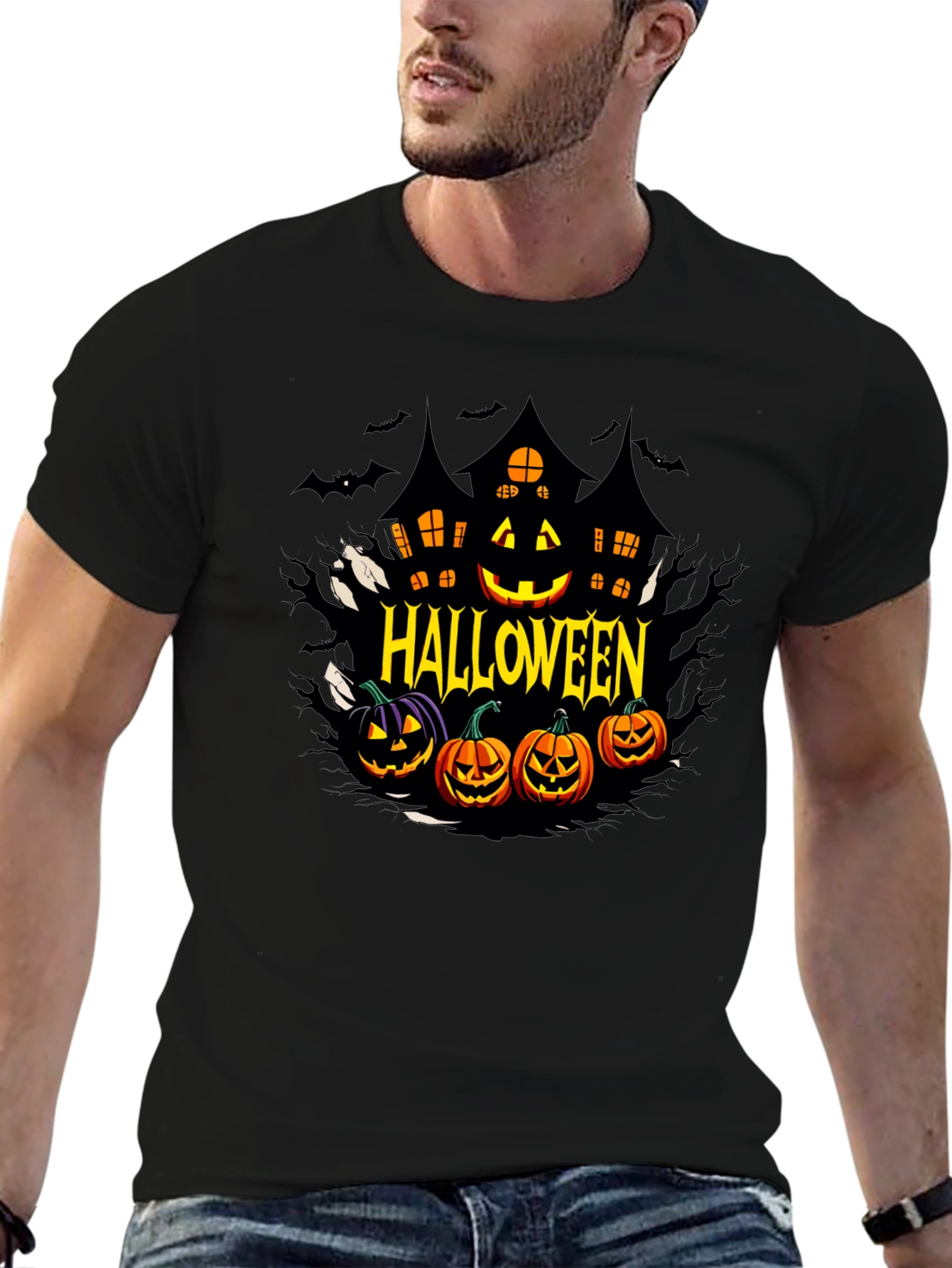 Halloween Graphic T-Shirt - Spooky House & Pumpkins