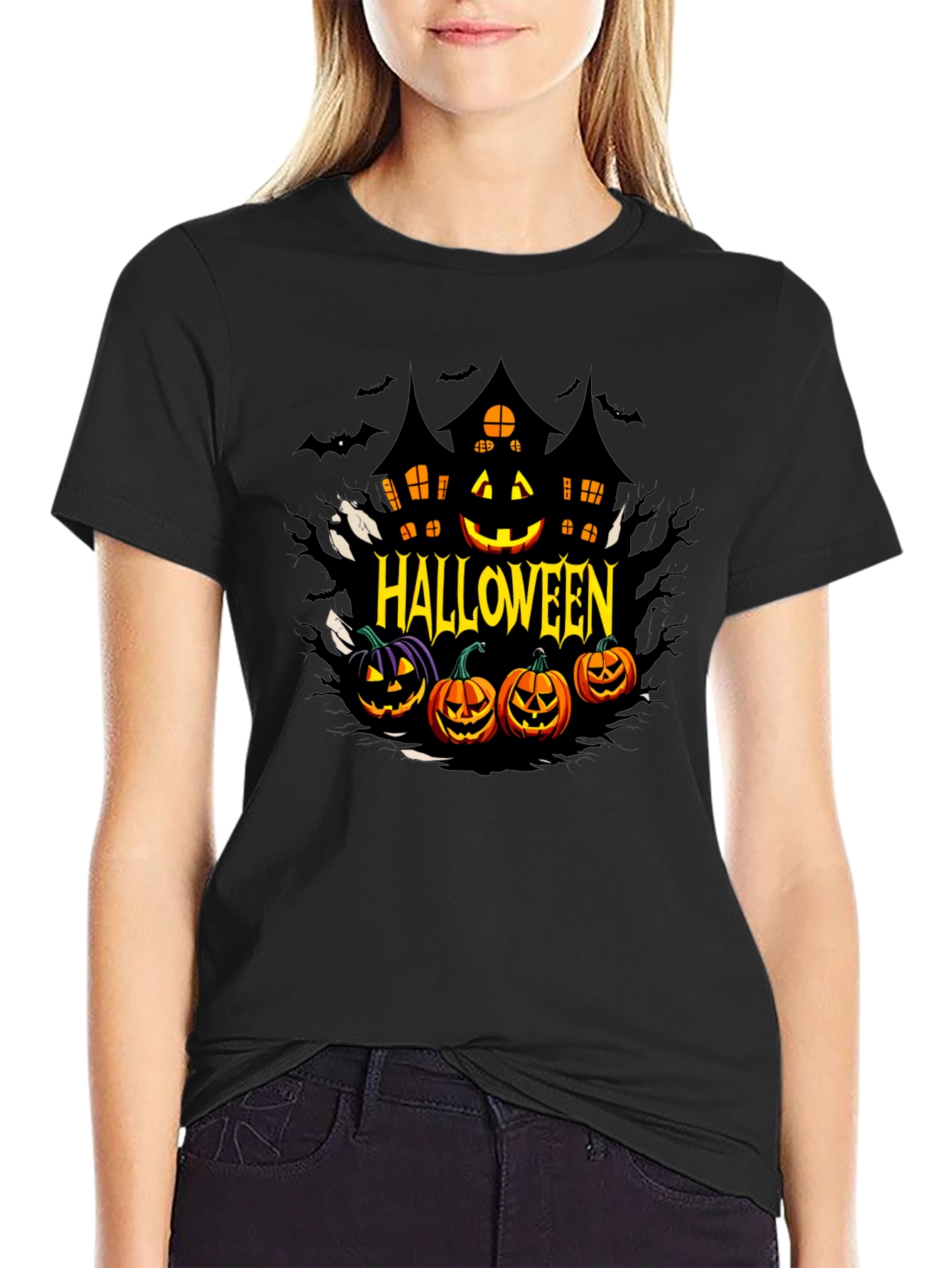 Halloween Graphic T-Shirt - Spooky House & Pumpkins