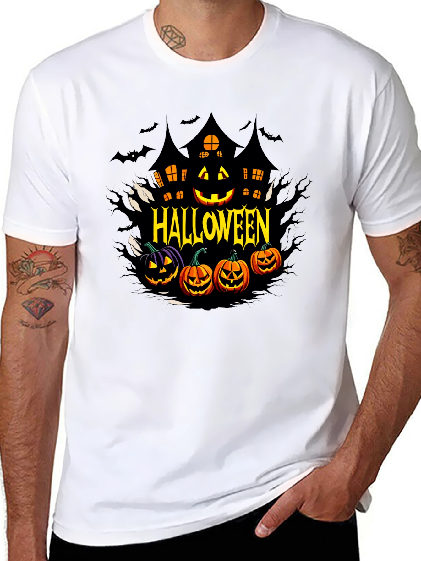 Halloween Graphic T-Shirt - Spooky House & Pumpkins