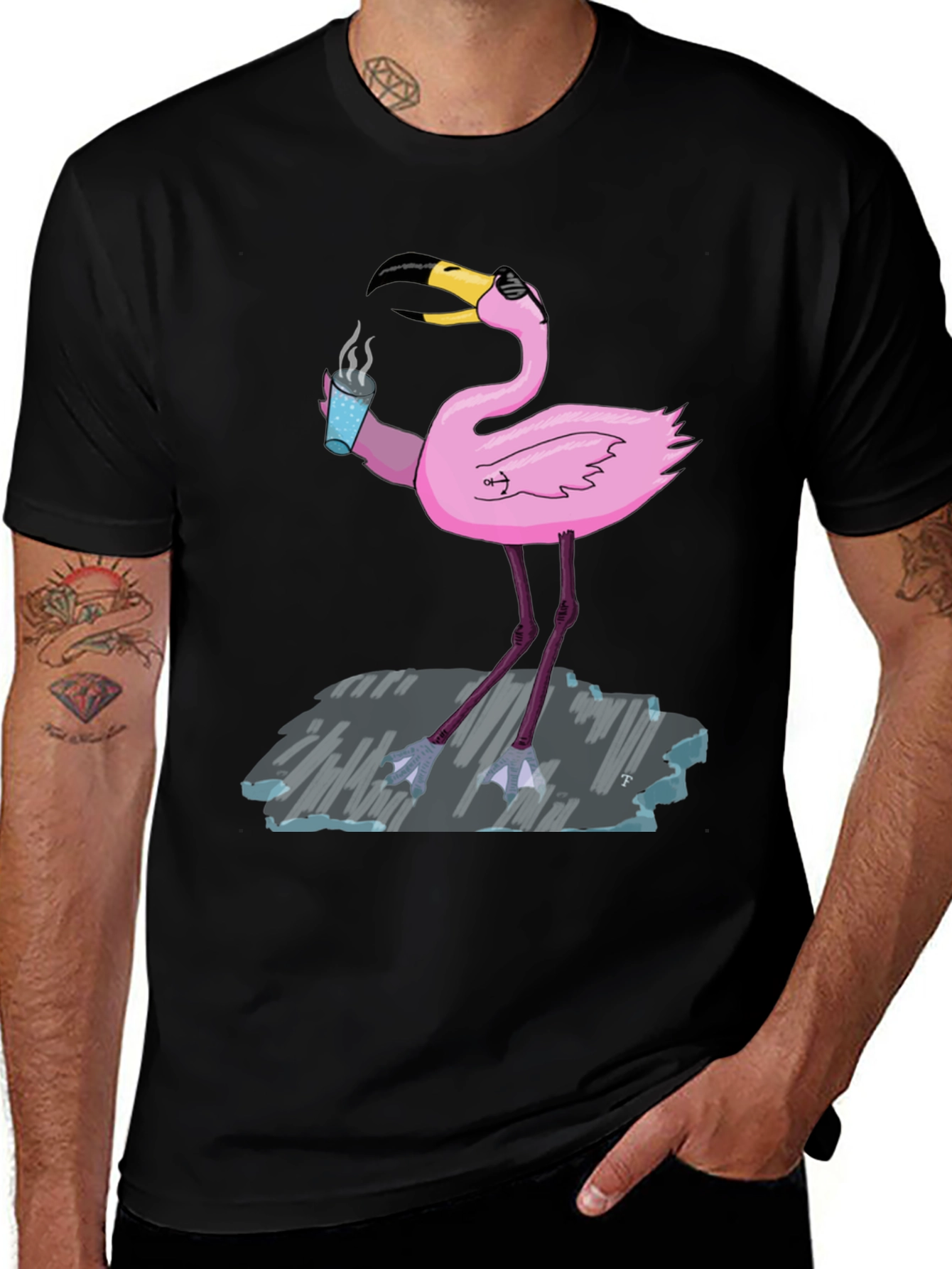 Cool Flamingo Drinking Coffee Graphic Tee