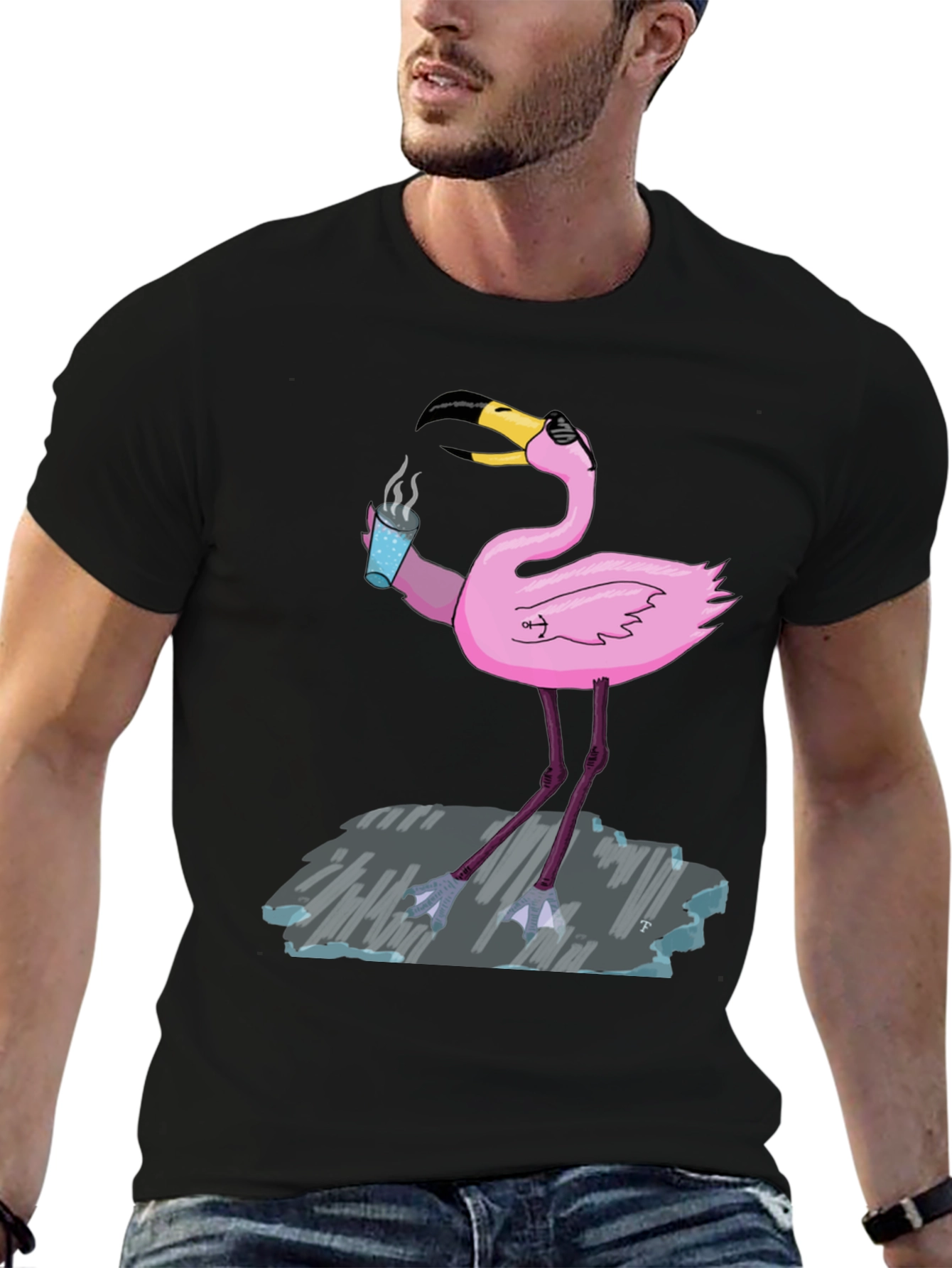 Cool Flamingo Drinking Coffee Graphic Tee