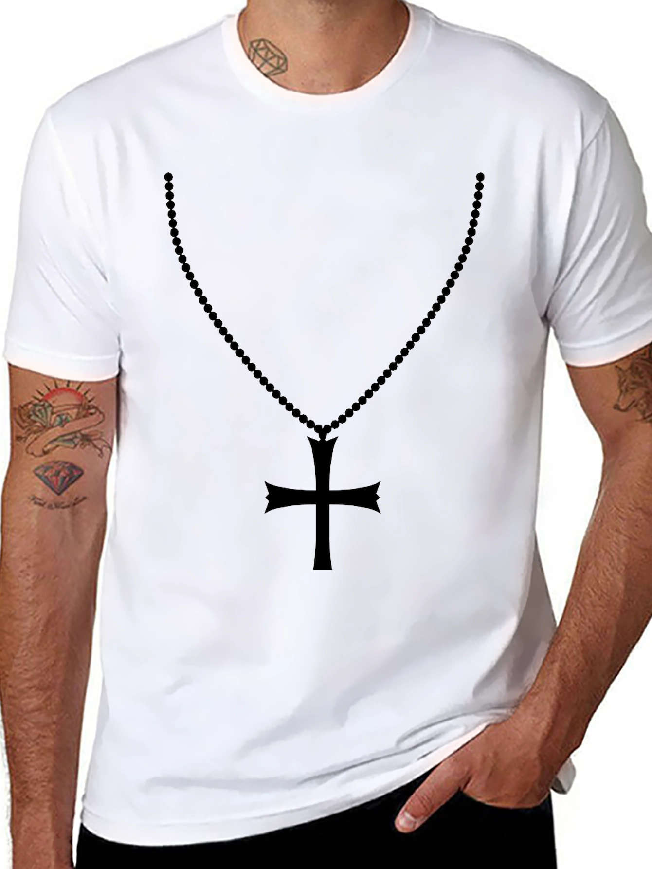 Mens Black Rosary Cross Graphic T-Shirt