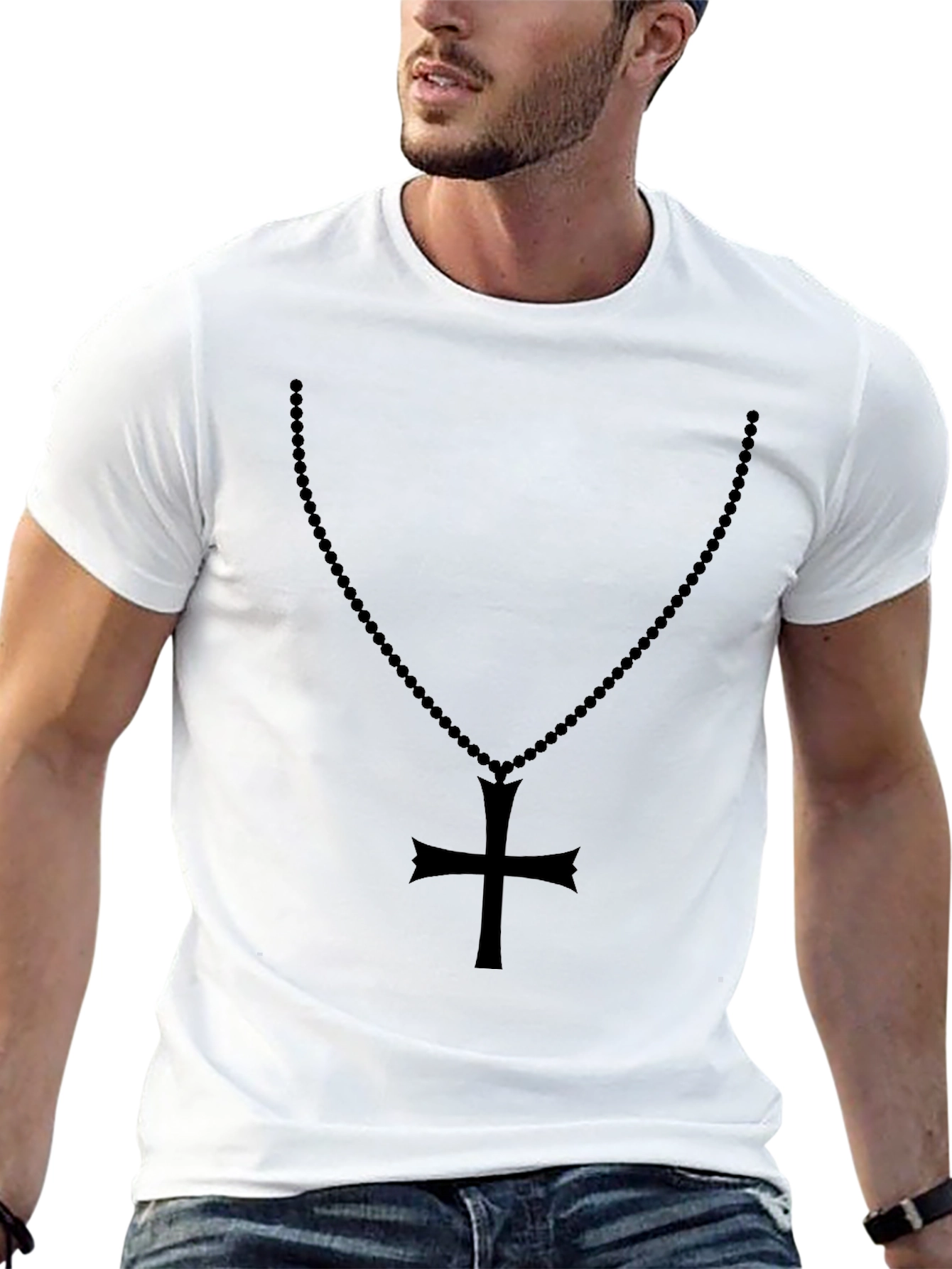 Mens Black Rosary Cross Graphic T-Shirt