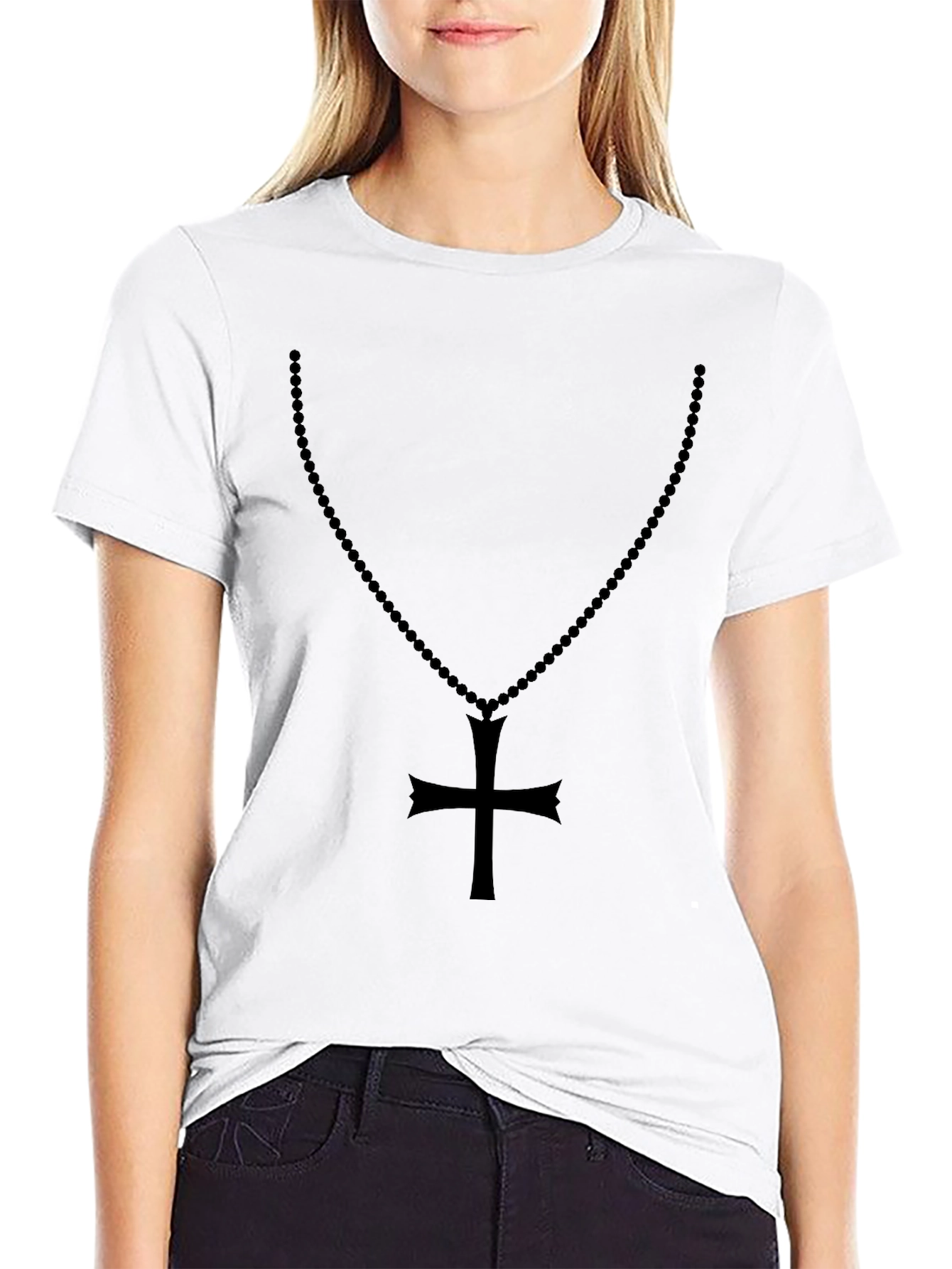Mens Black Rosary Cross Graphic T-Shirt