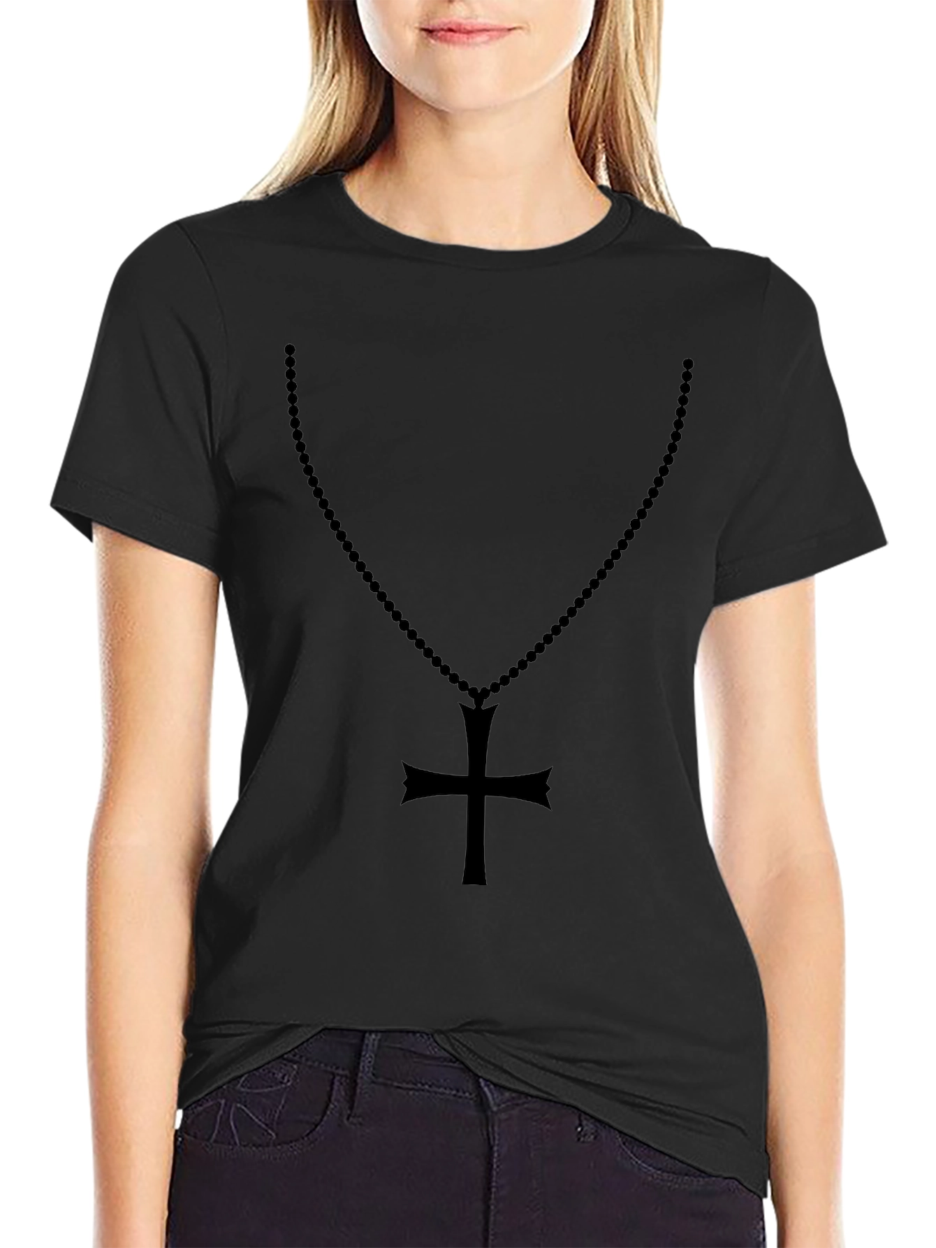 Mens Black Rosary Cross Graphic T-Shirt