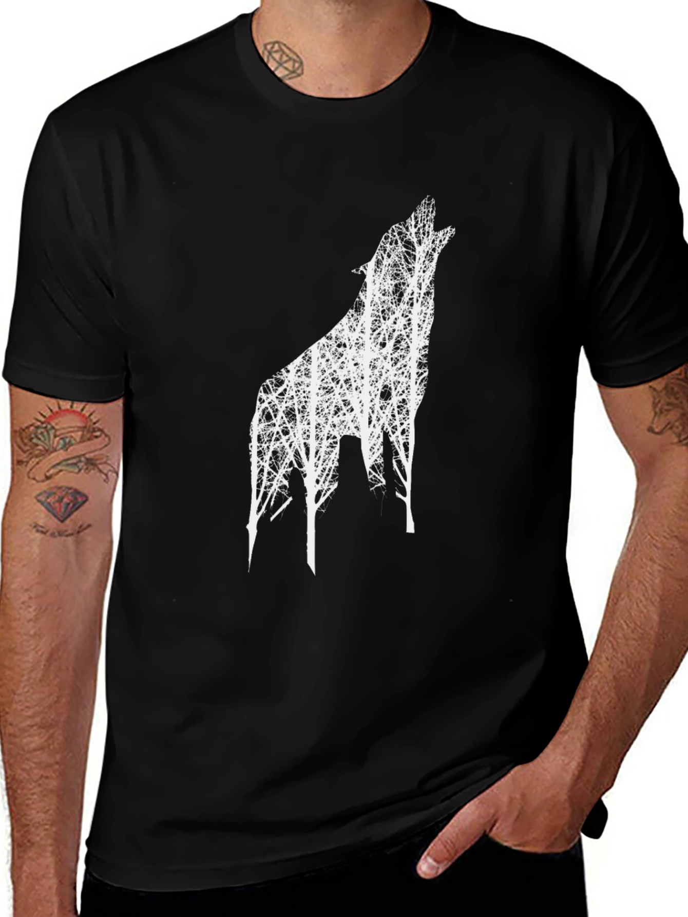 Black T-Shirt with Wolf Tree Design
