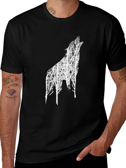 Black T-Shirt with Wolf Tree Design