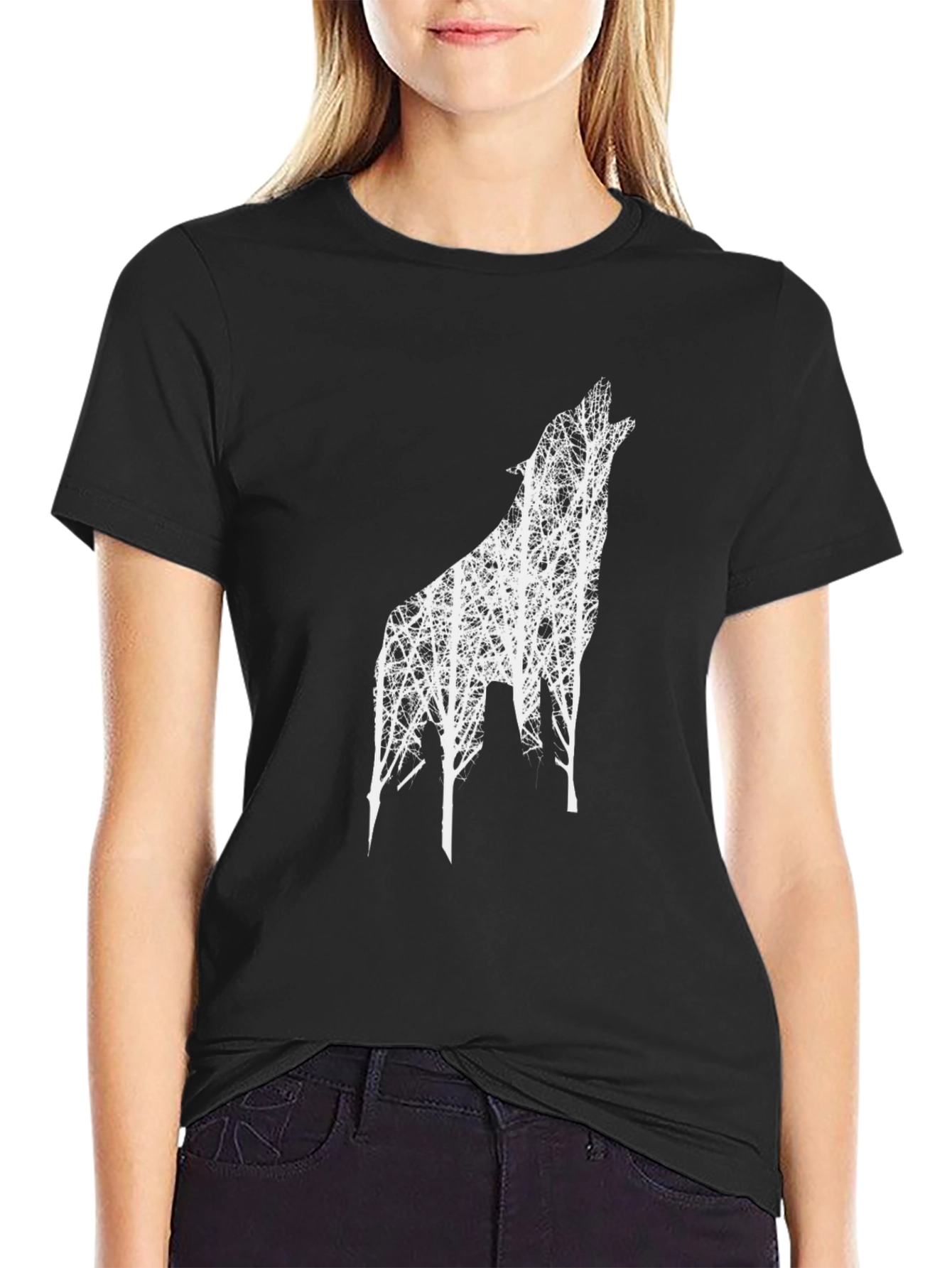 Black T-Shirt with Wolf Tree Design