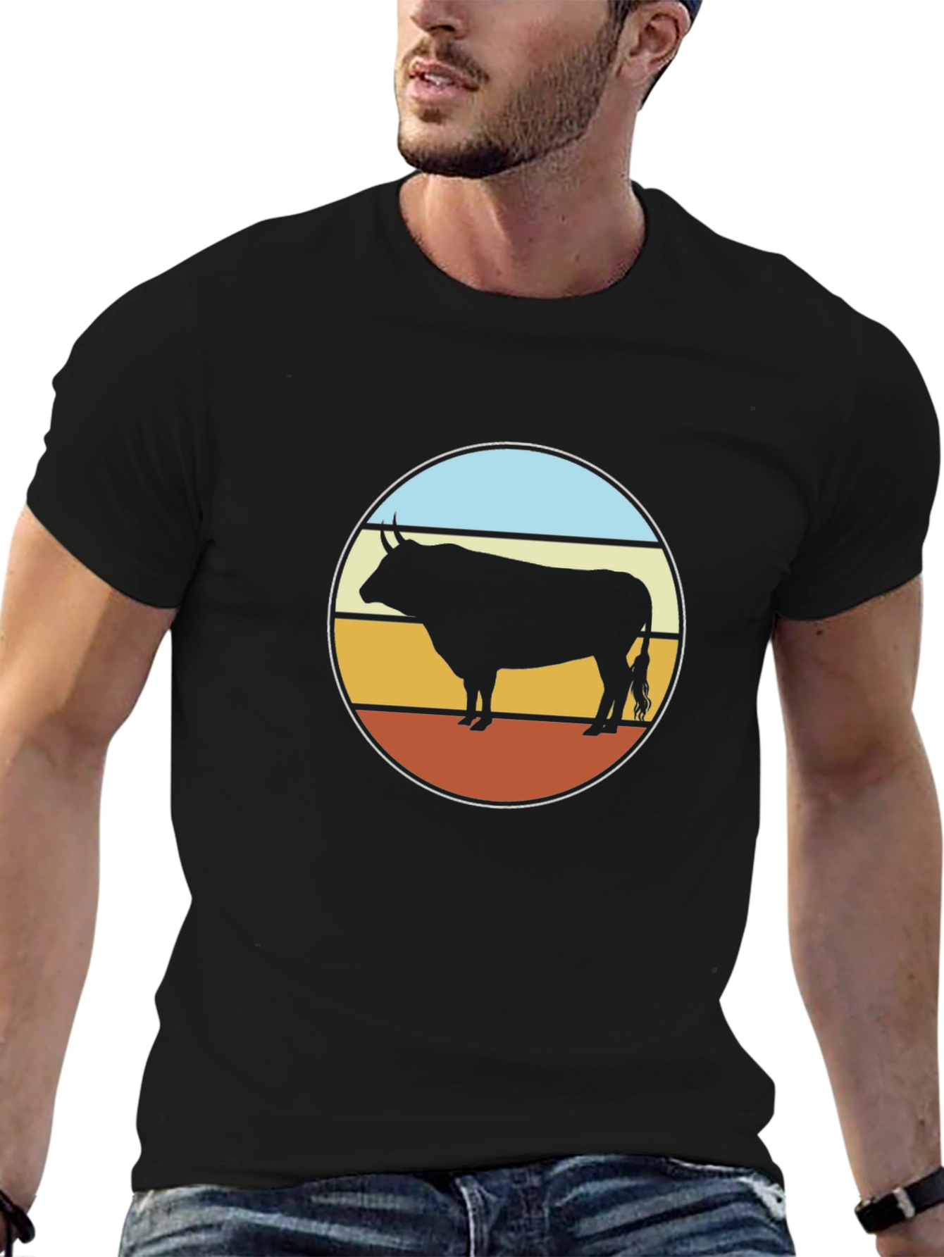 Retro Bull Graphic Tee - Black Cotton T-Shirt