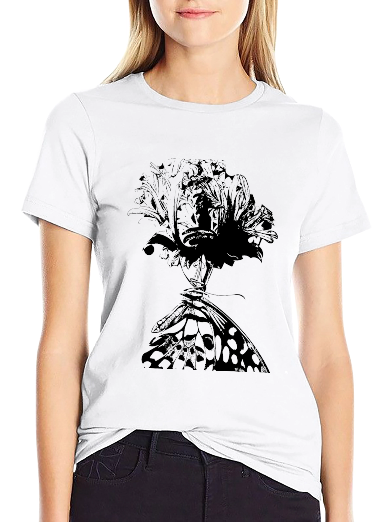 Floral Butterfly Graphic Tee - Black Cotton T-Shirt