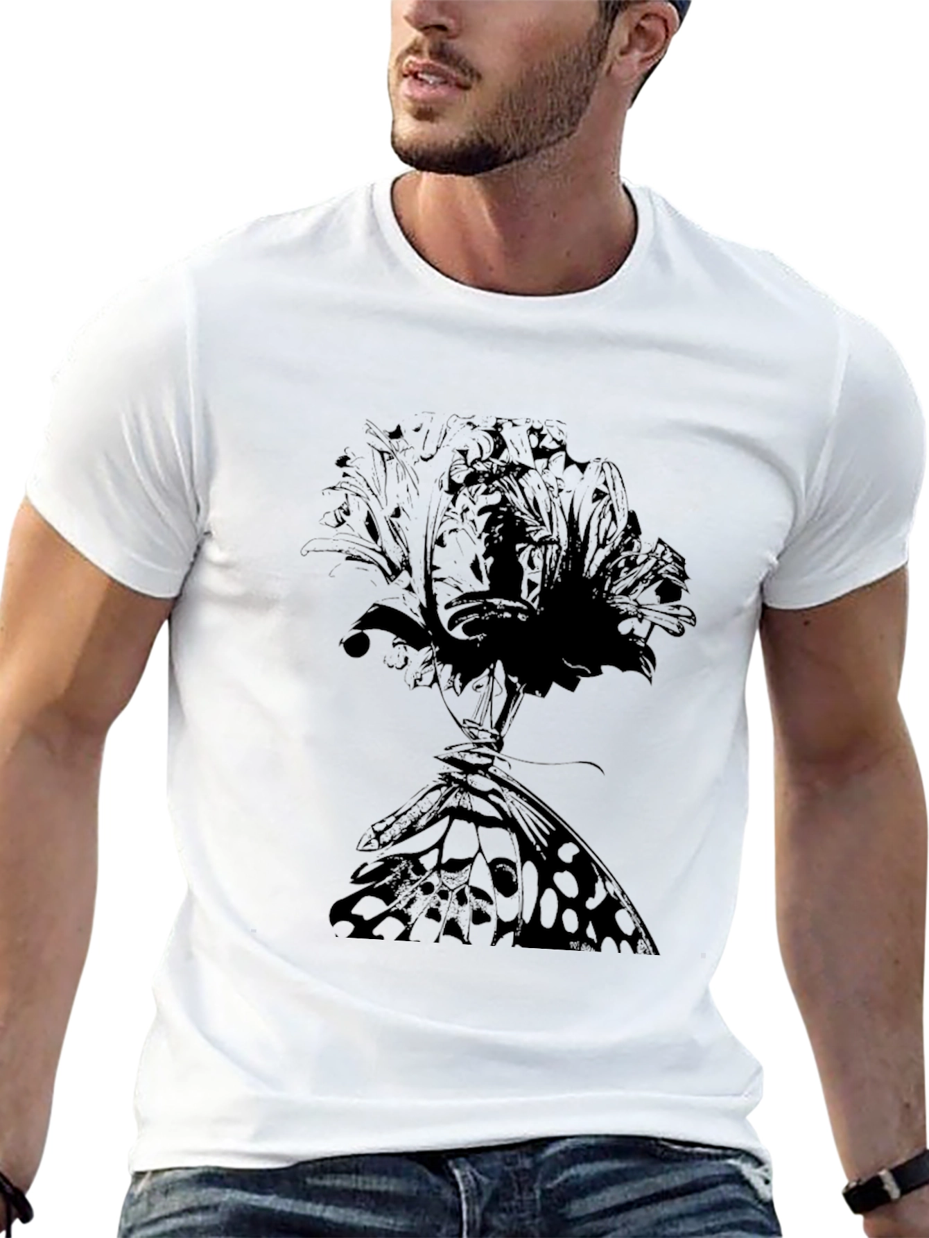 Floral Butterfly Graphic Tee - Black Cotton T-Shirt
