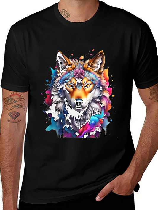 Colorful Wolf Graphic Black T-Shirt