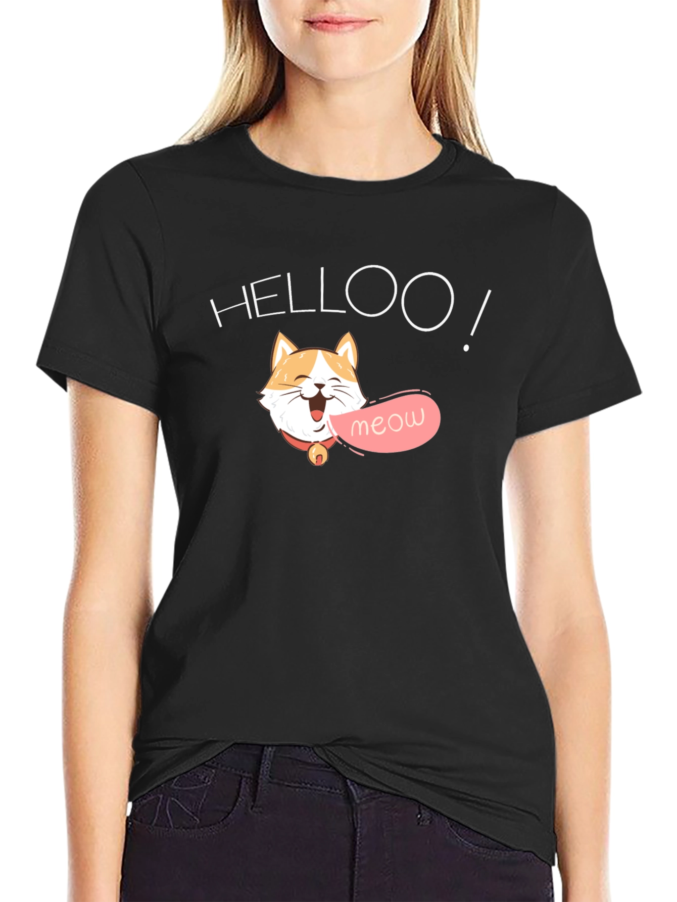 Helloo Meow Cat Graphic Tee - Black