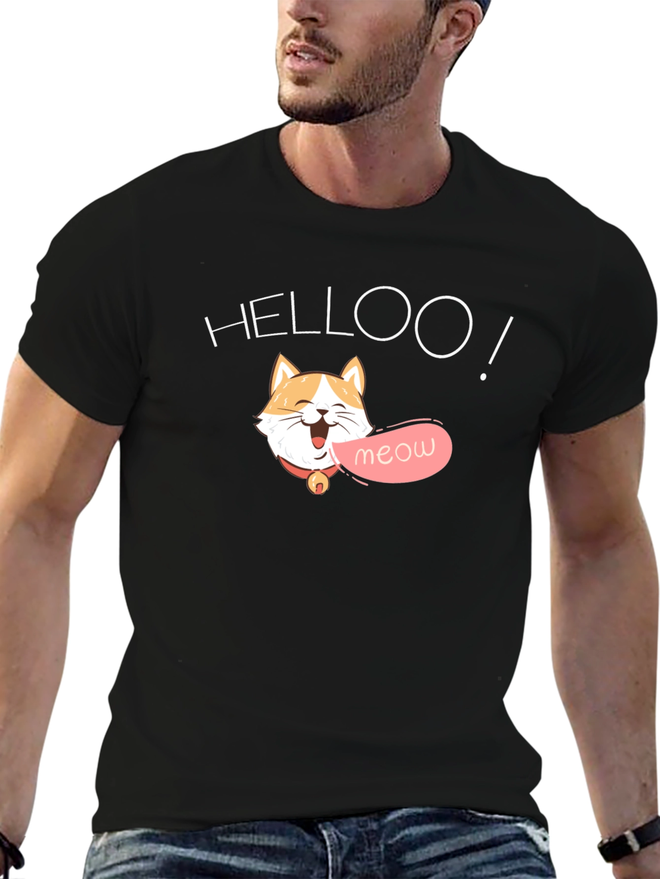 Helloo Meow Cat Graphic Tee - Black