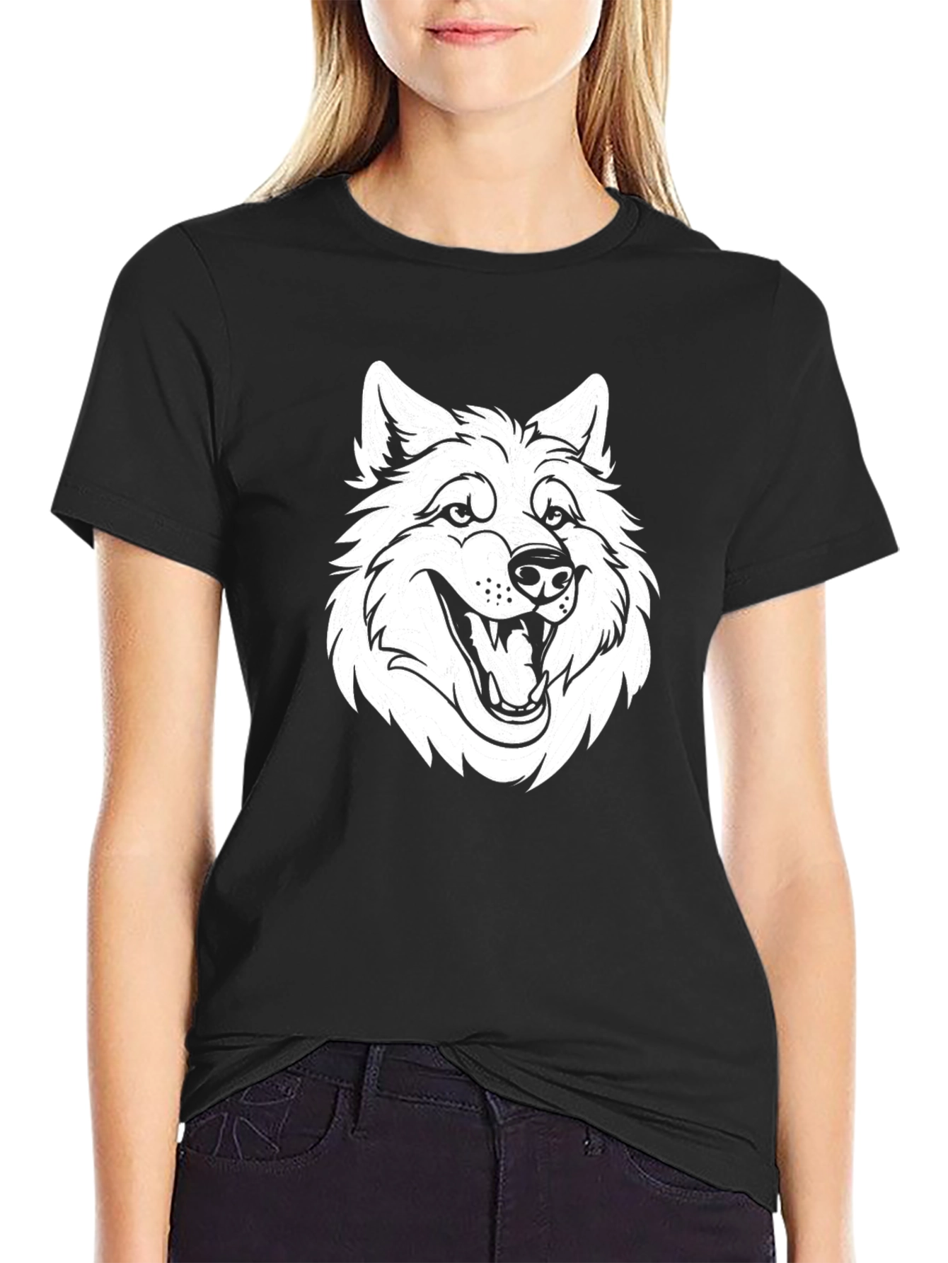 Black T-Shirt with White Wolf Graphic
