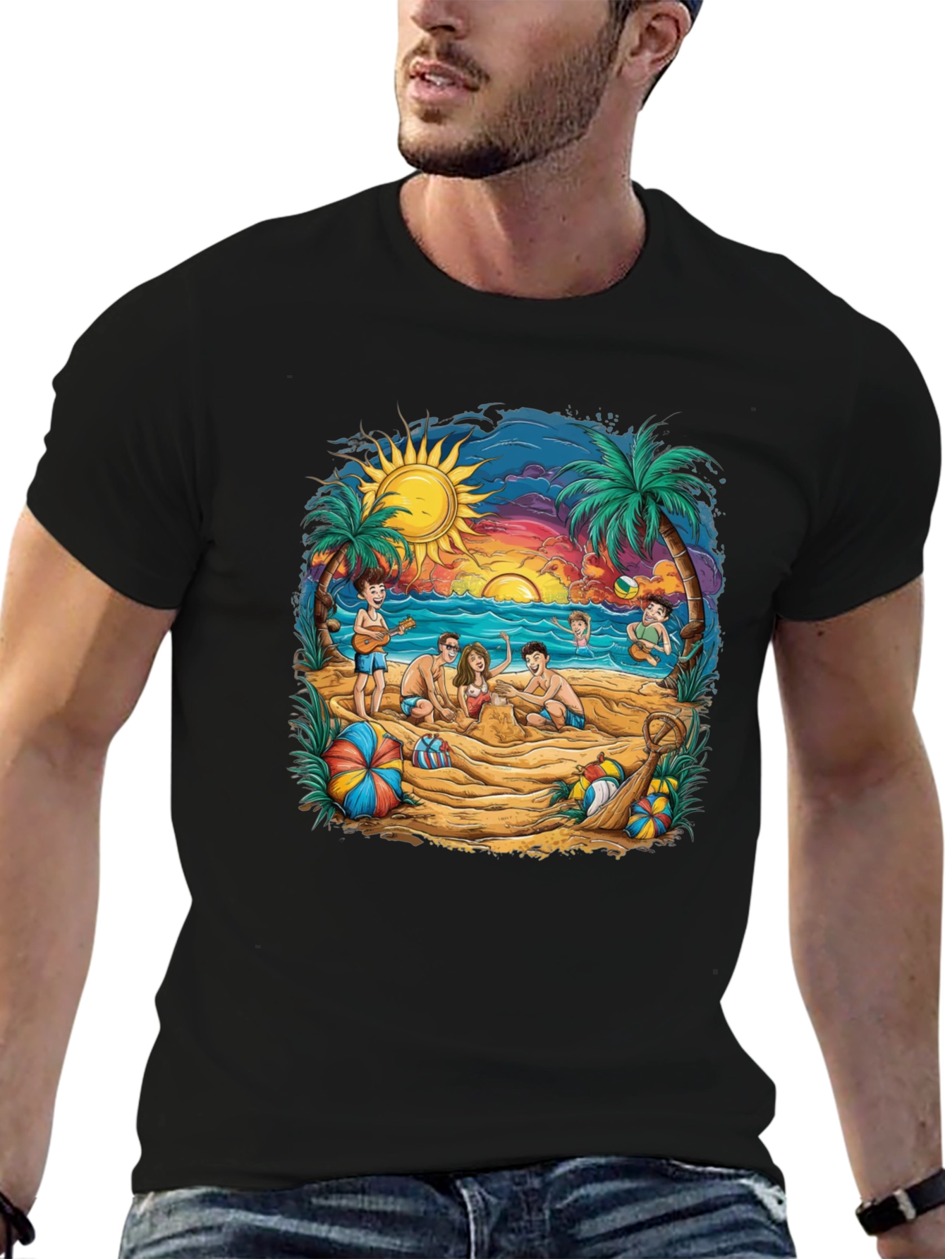 Beach Scene Graphic Tee - Black