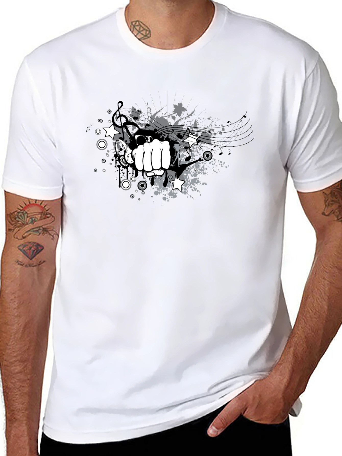 Mens Black Graphic Tee - Music Punch Design