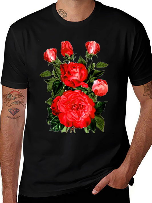Red Roses Graphic Print Mens Black T-Shirt