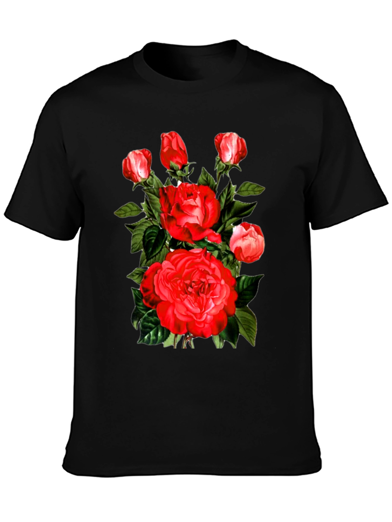 Red Roses Graphic Print Mens Black T-Shirt