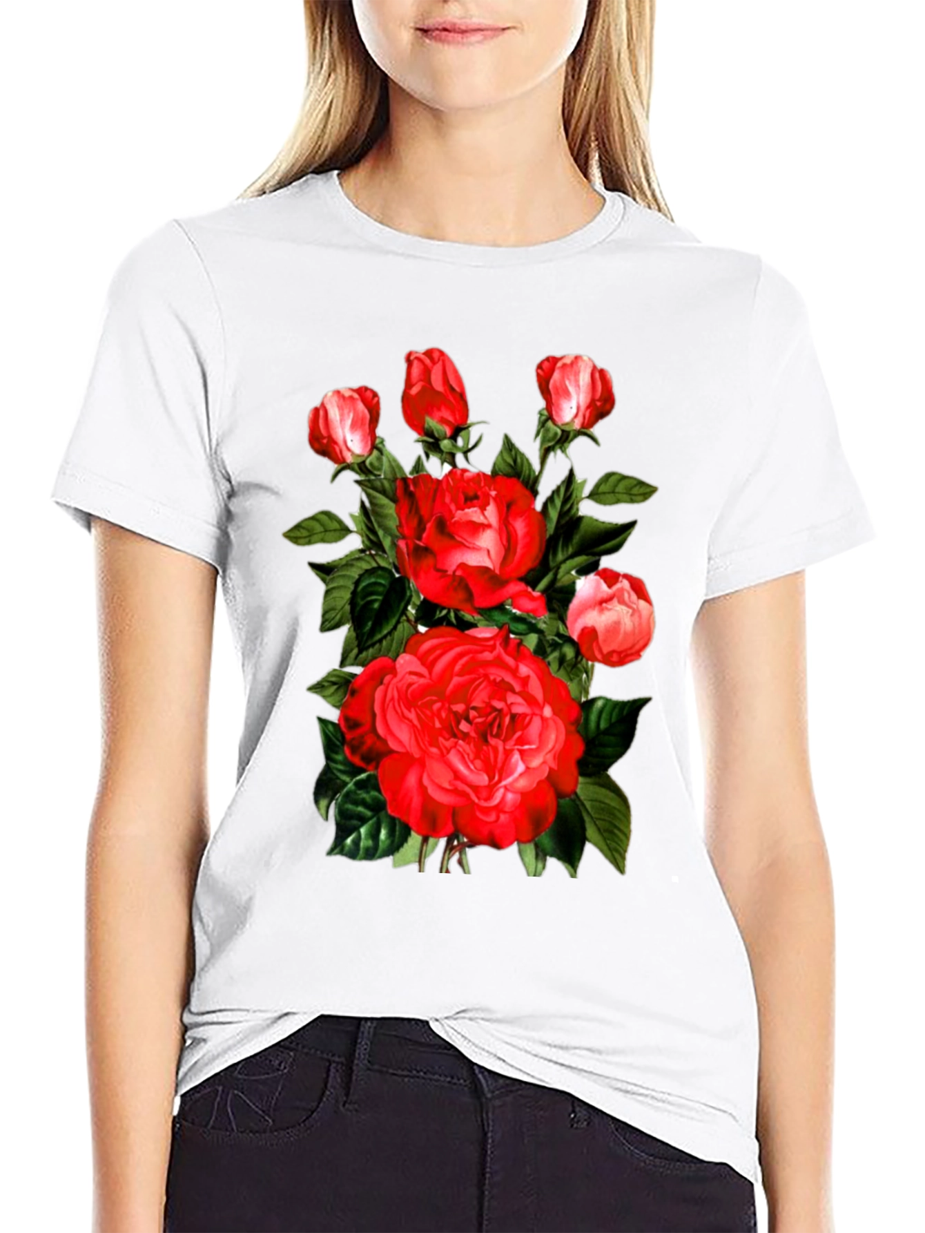 Red Roses Graphic Print Mens Black T-Shirt