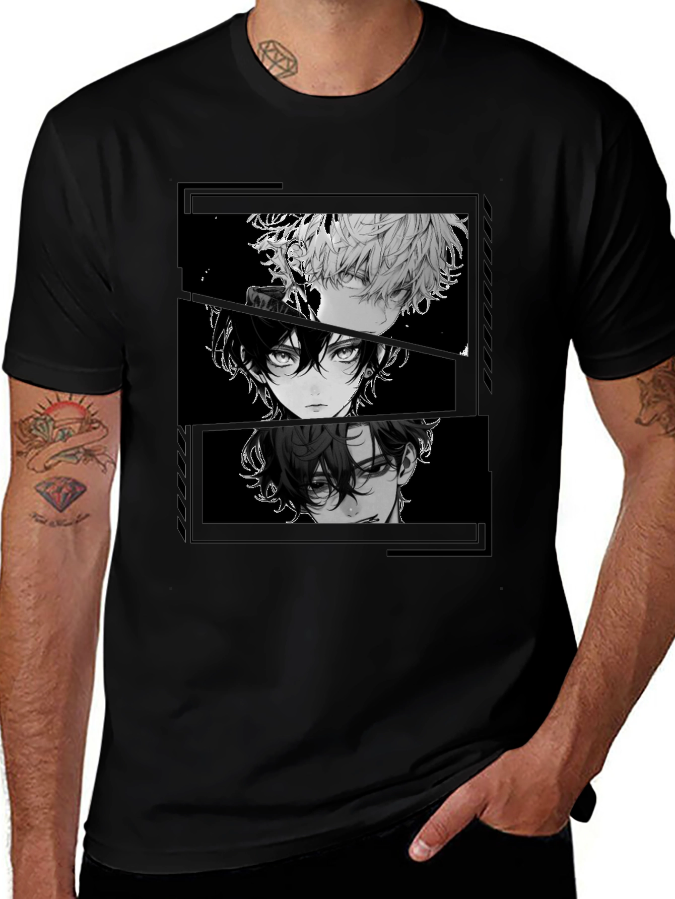 Anime Character Print Black T-Shirt
