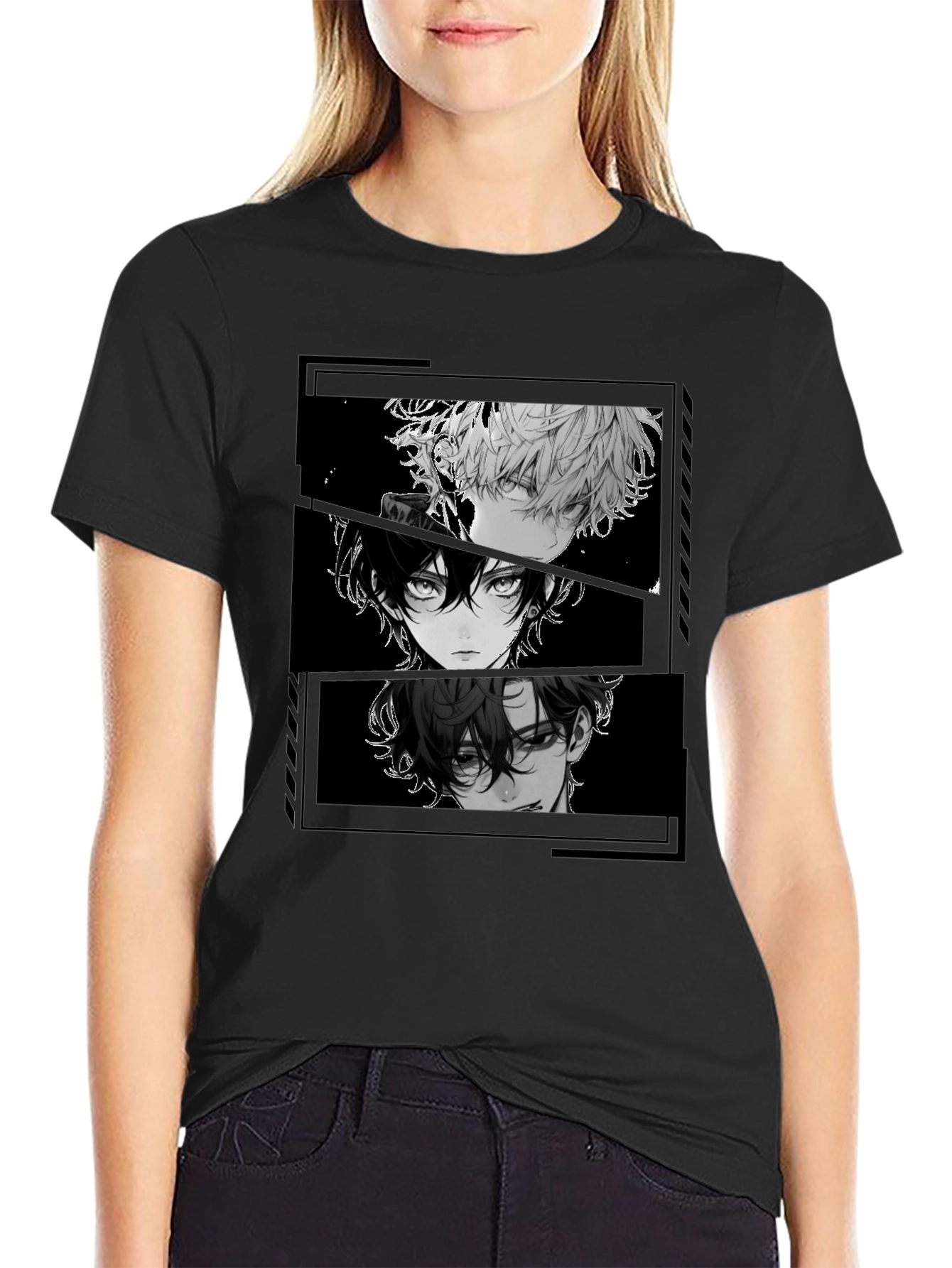 Anime Character Print Black T-Shirt
