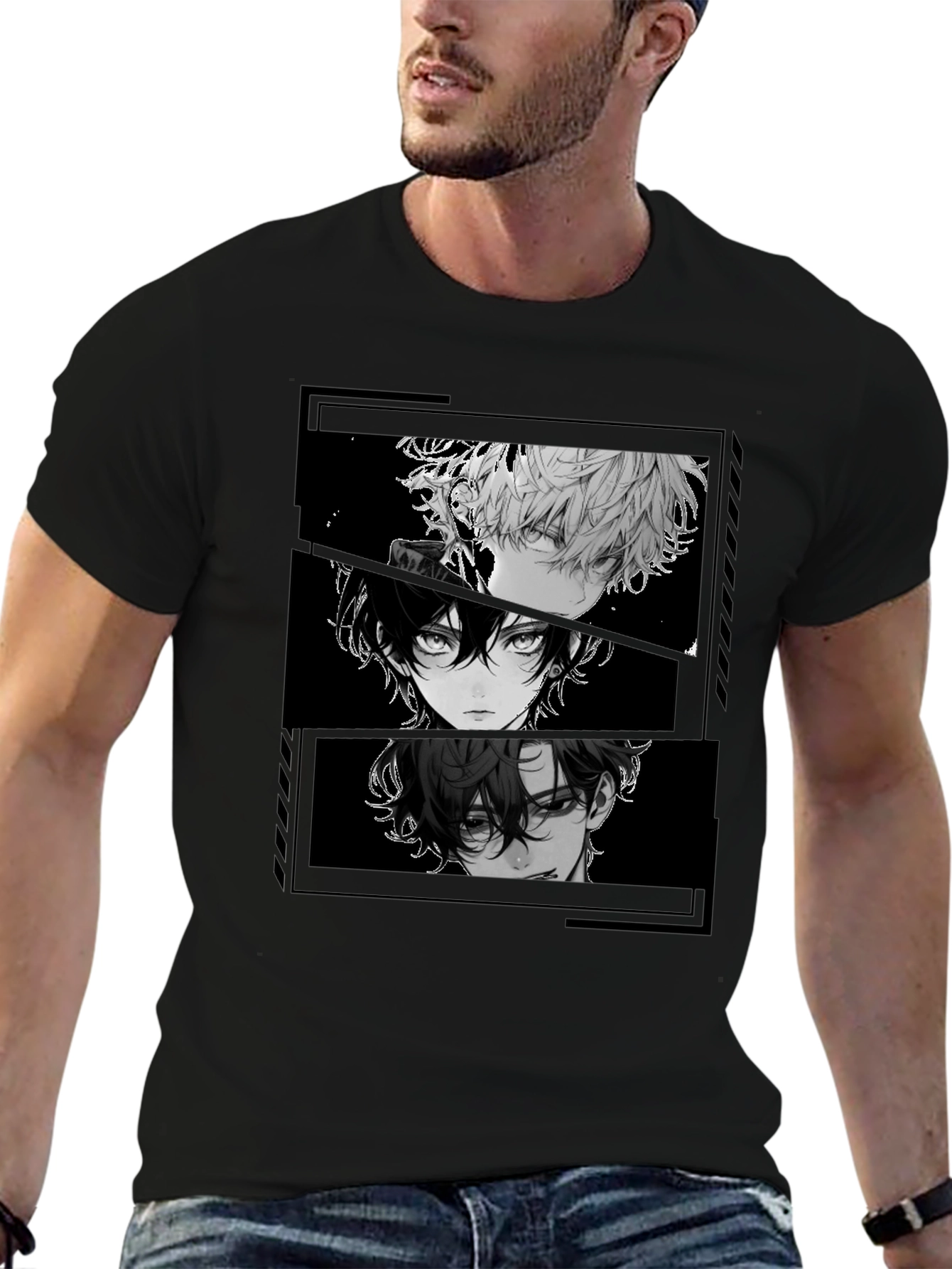 Anime Character Print Black T-Shirt