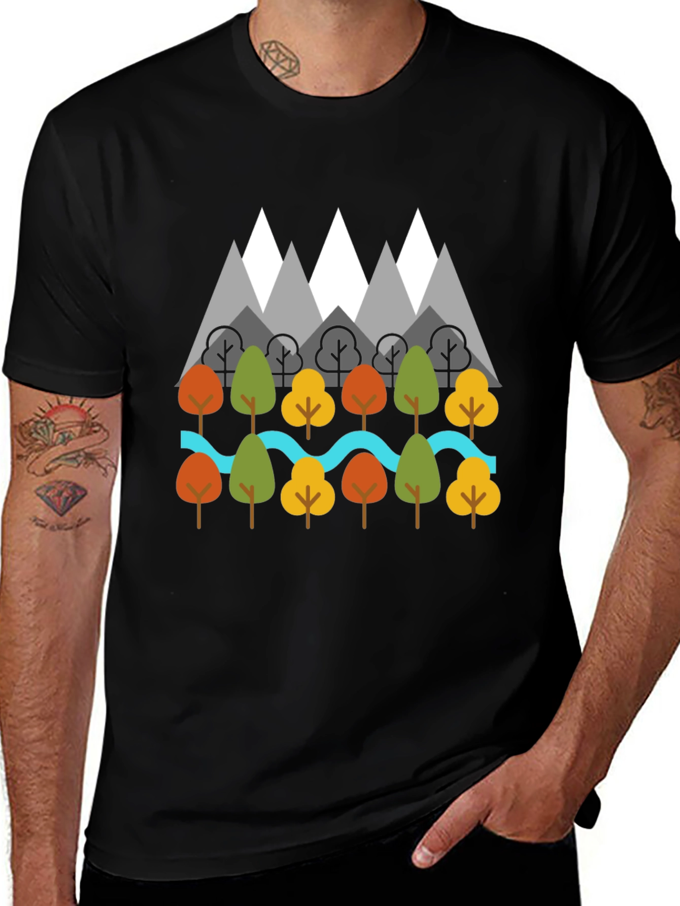Nature Graphic T-Shirt - Mountains Trees River Design
