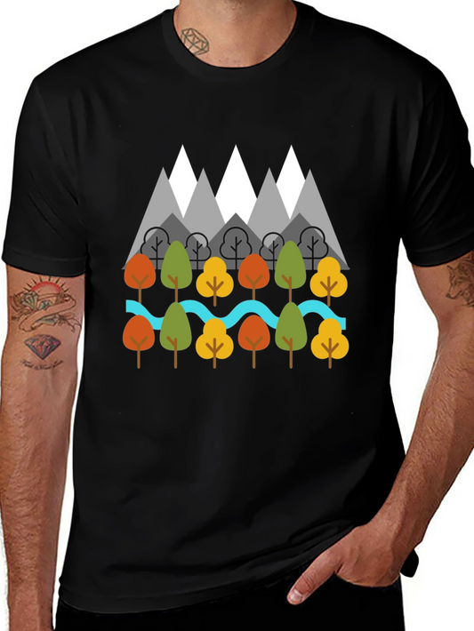Nature Graphic T-Shirt - Mountains Trees River Design