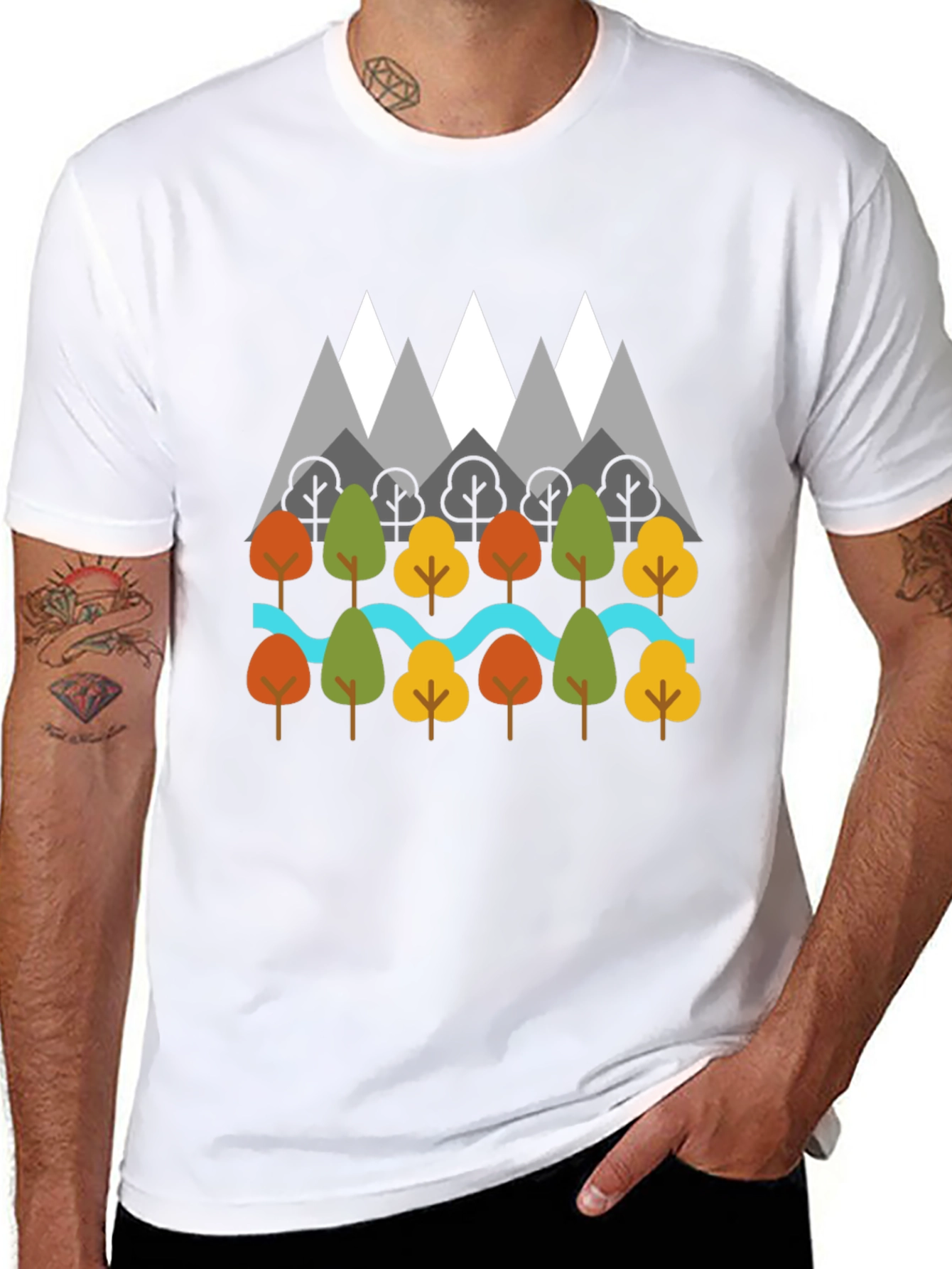 Nature Graphic T-Shirt - Mountains Trees River Design