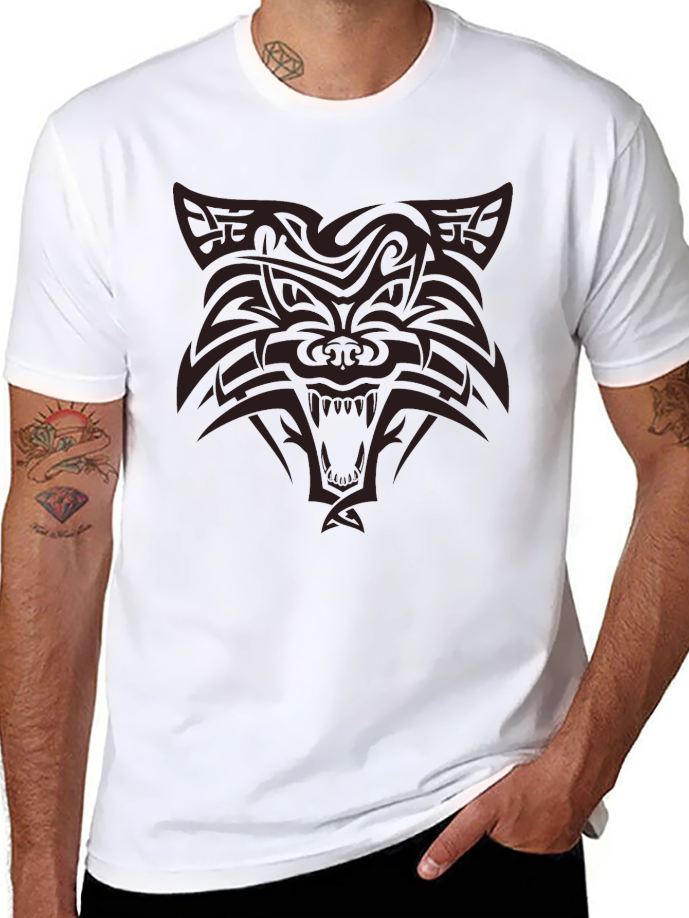 Tribal Wolf Graphic Print Black T-Shirt