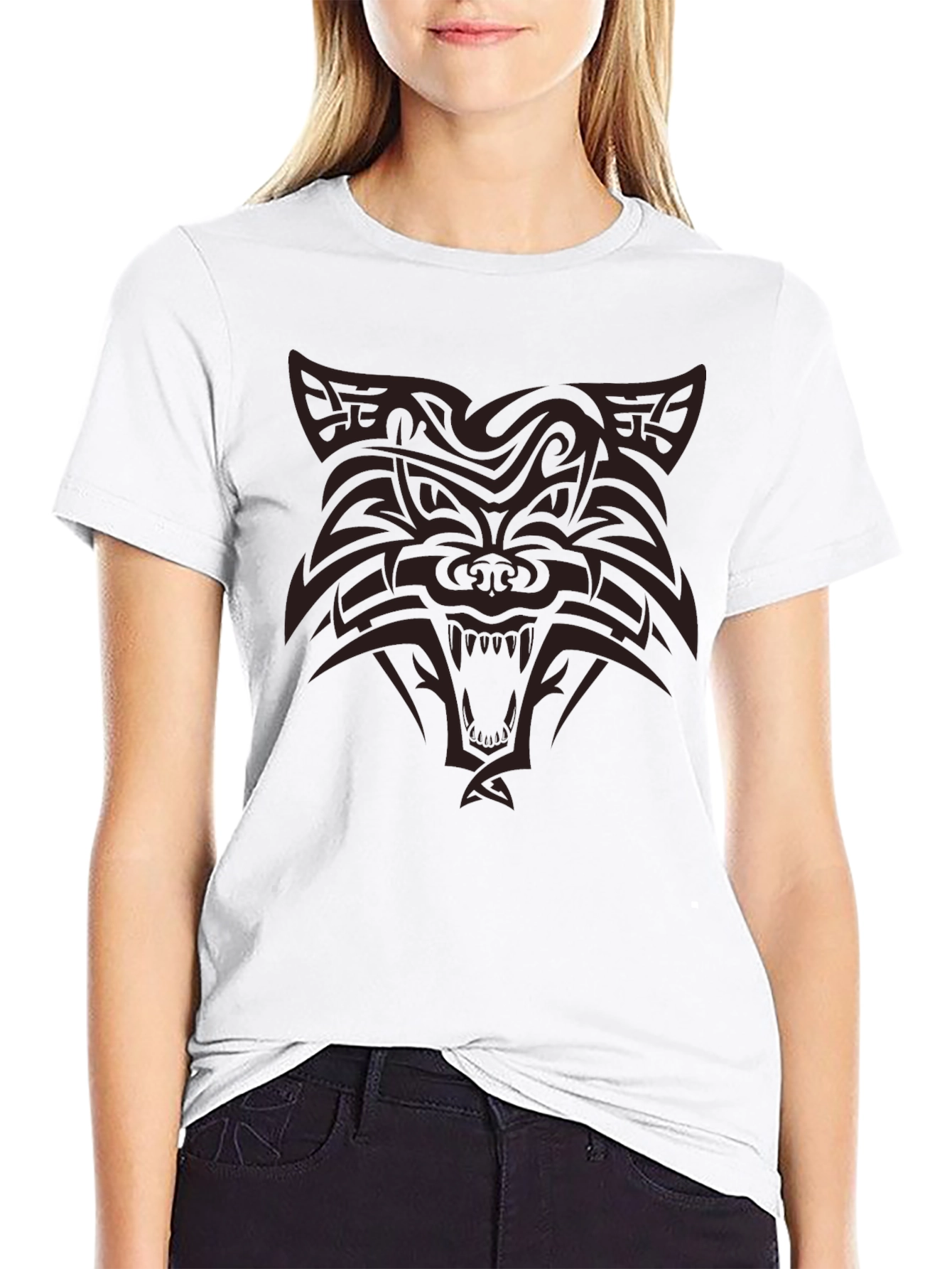 Tribal Wolf Graphic Print Black T-Shirt