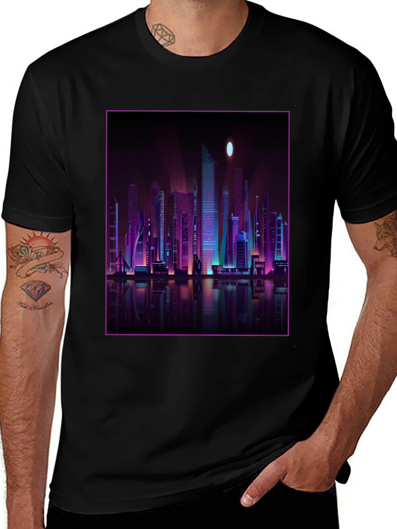 Cyberpunk Cityscape Graphic Tee - Black