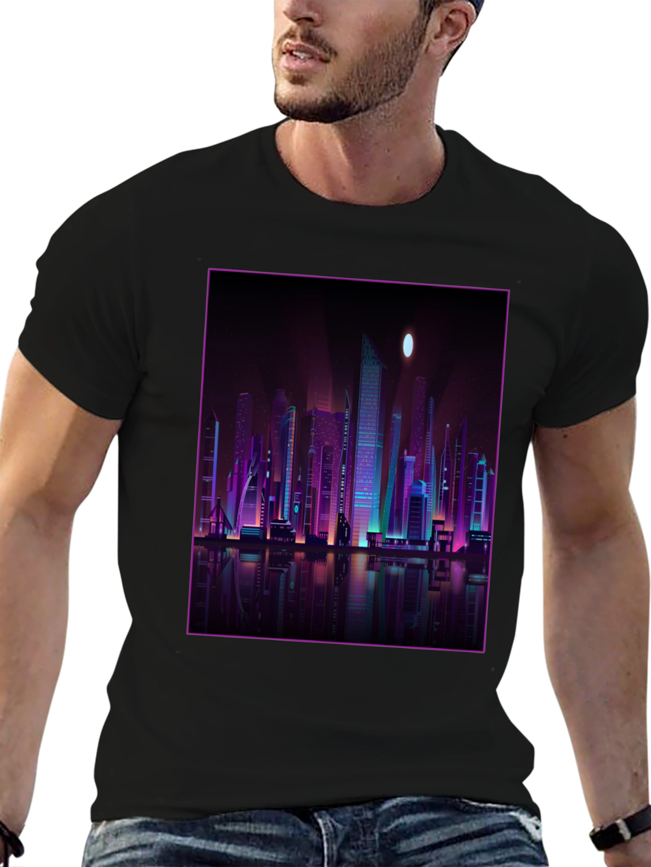 Cyberpunk Cityscape Graphic Tee - Black
