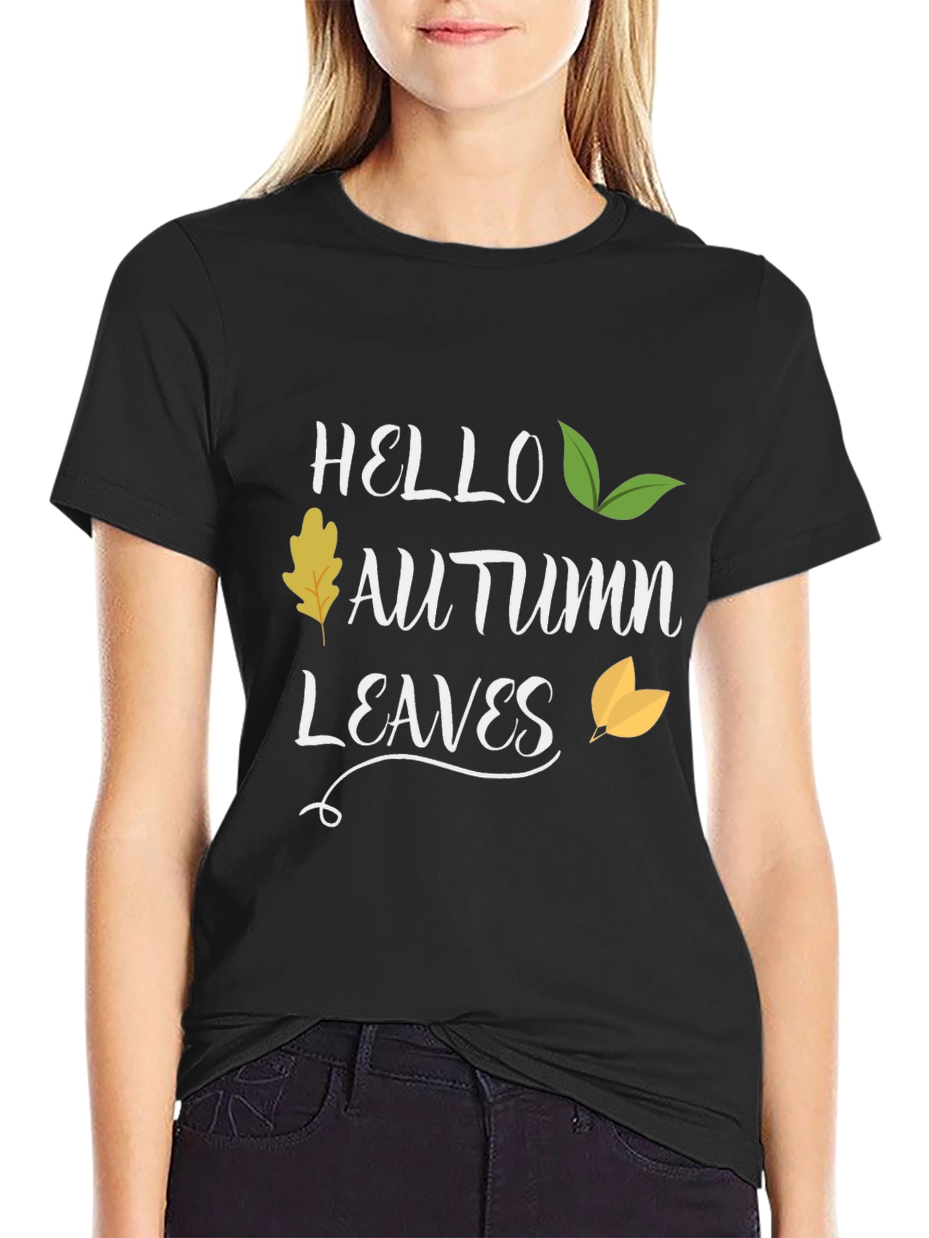 Hello Autumn Leaves Black T-Shirt