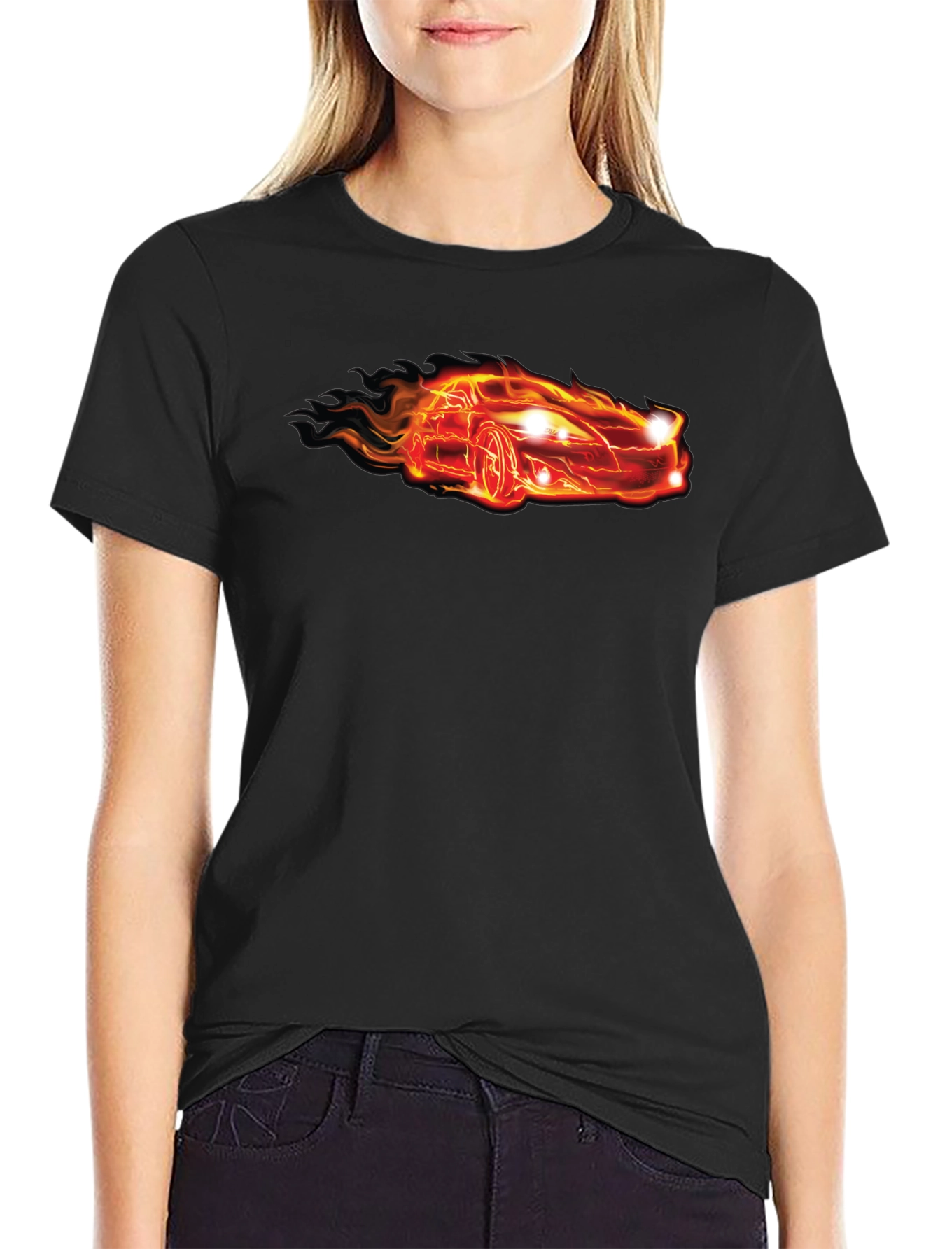 Flaming Car Graphic Tee - Cool Black T-Shirt