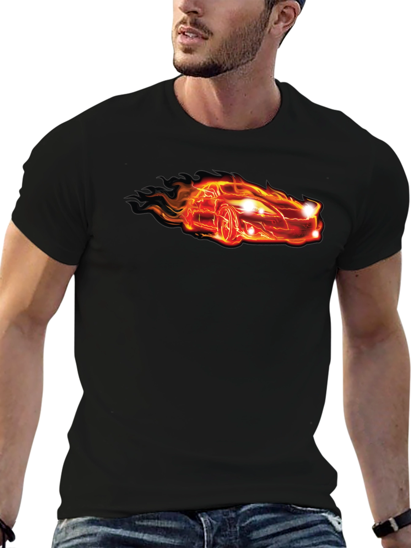 Flaming Car Graphic Tee - Cool Black T-Shirt