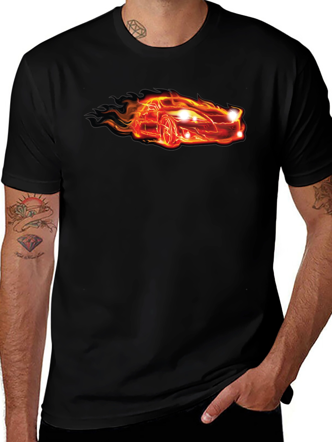 Flaming Car Graphic Tee - Cool Black T-Shirt