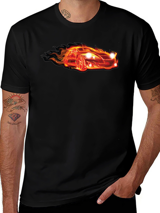 Flaming Car Graphic Tee - Cool Black T-Shirt