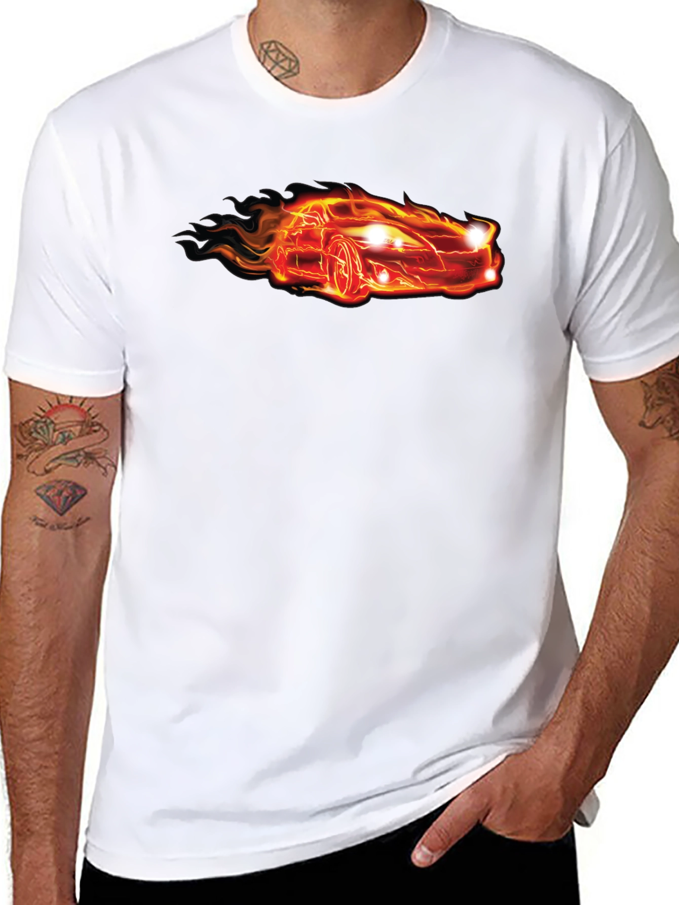 Flaming Car Graphic Tee - Cool Black T-Shirt