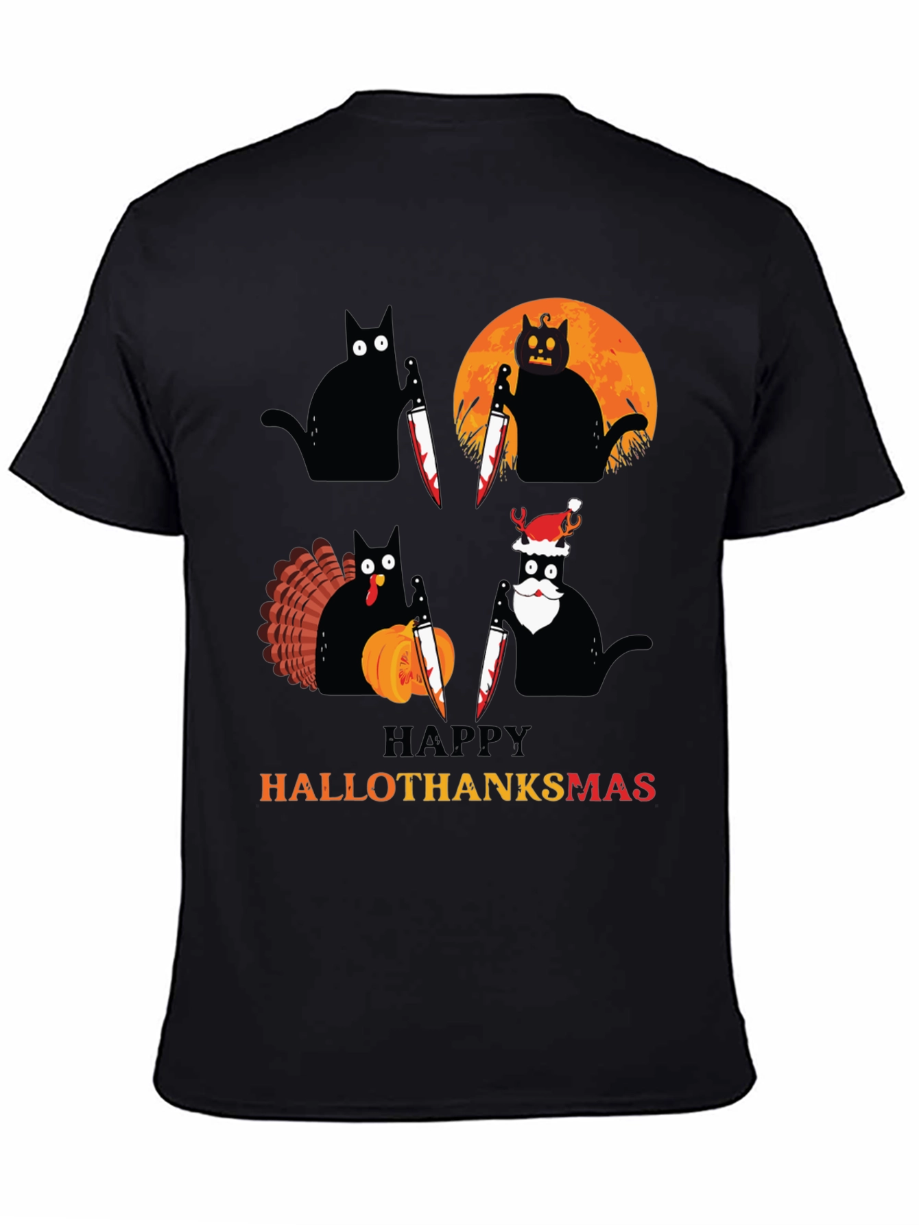 Happy HalloThanksmas Black Cat Holiday T-Shirt
