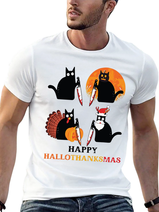 Happy HalloThanksmas Black Cat Holiday T-Shirt