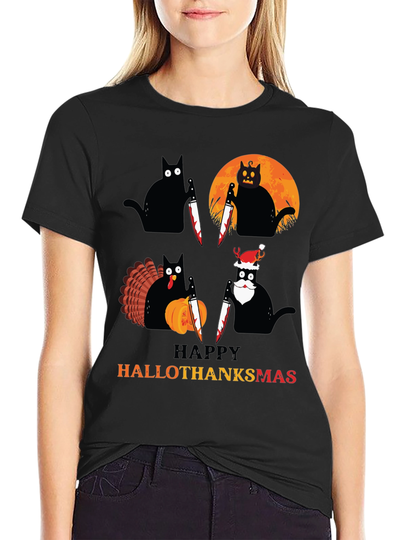 Happy HalloThanksmas Black Cat Holiday T-Shirt