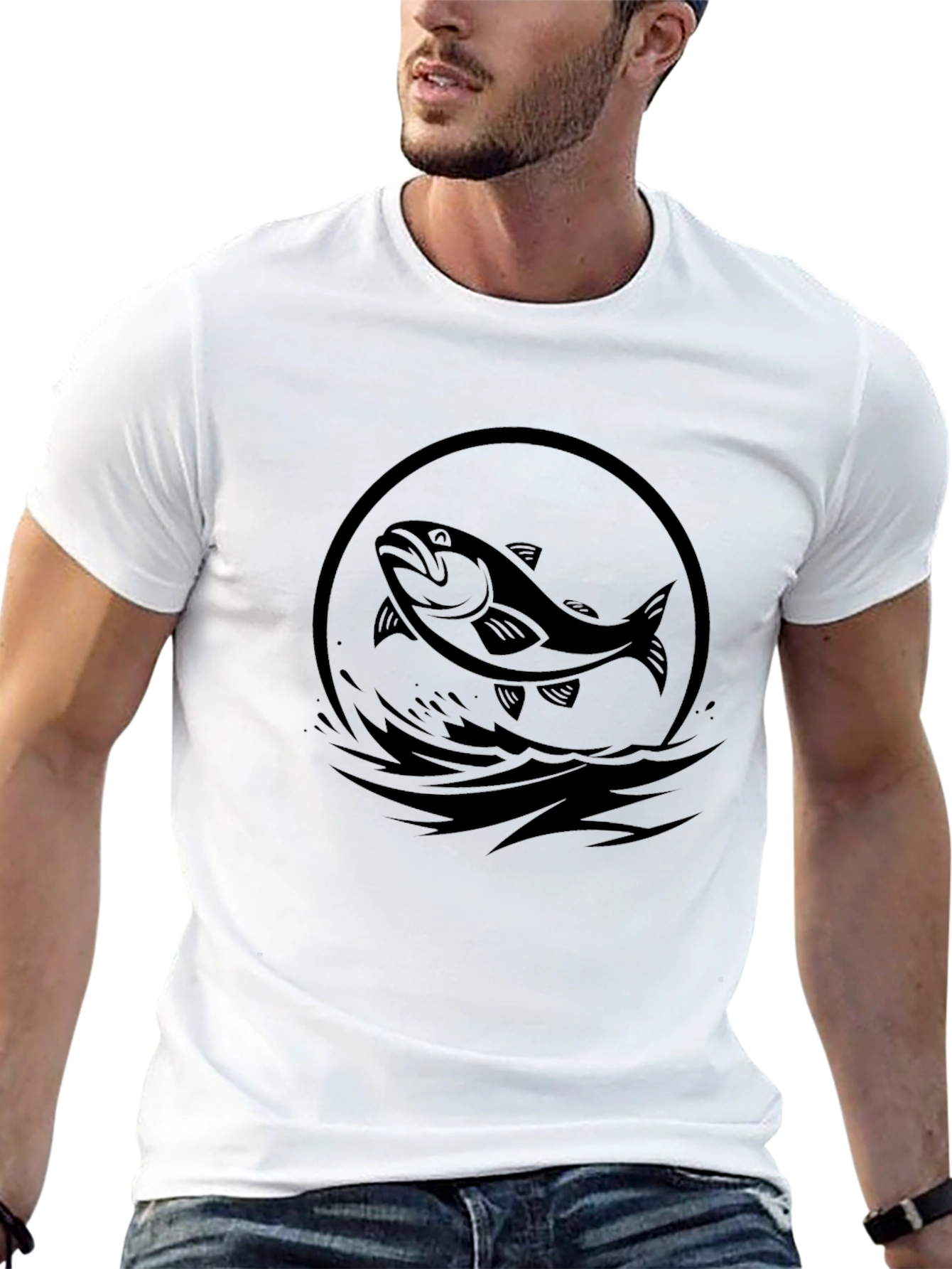 Mens Black T-Shirt with Fishing Design