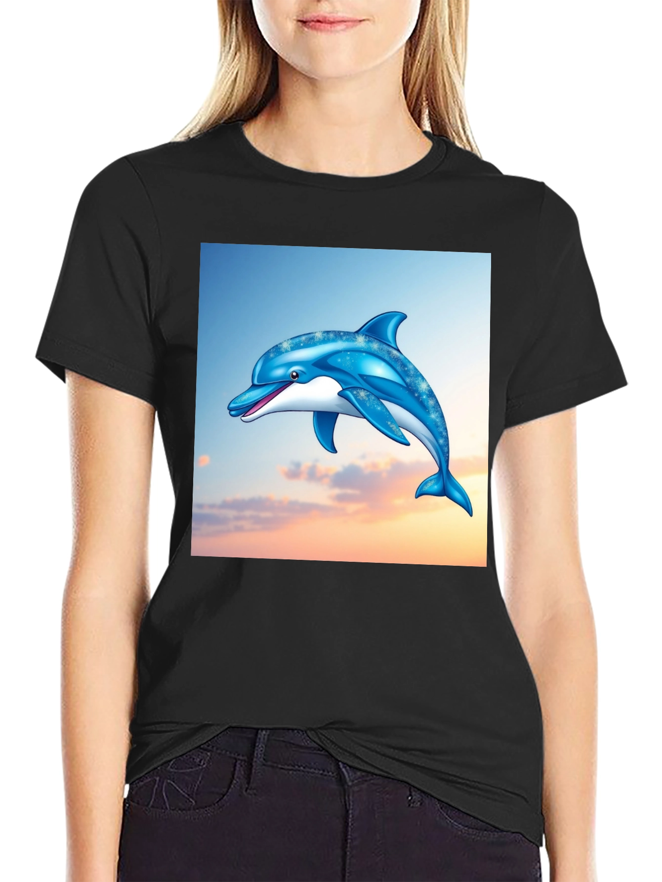 Dolphin Graphic Print Black T-Shirt