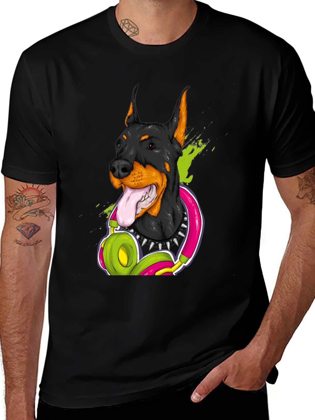 Doberman Dog with Headphones Graphic T-Shirt
