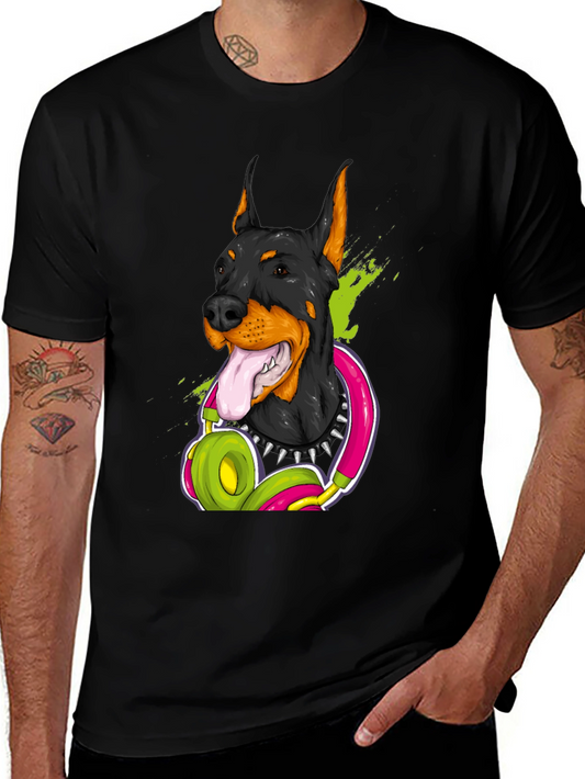 Doberman Dog with Headphones Graphic T-Shirt