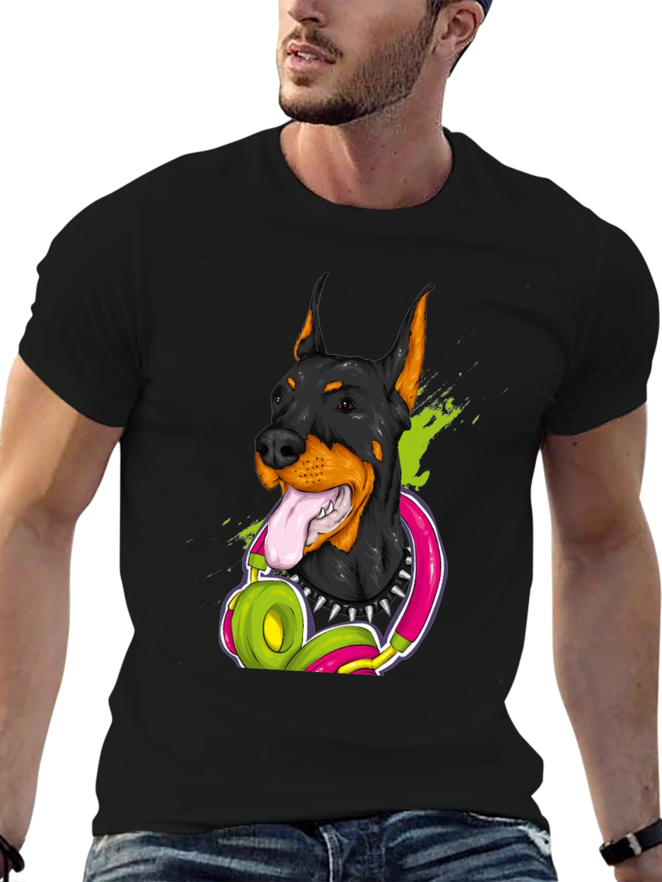 Doberman Dog with Headphones Graphic T-Shirt
