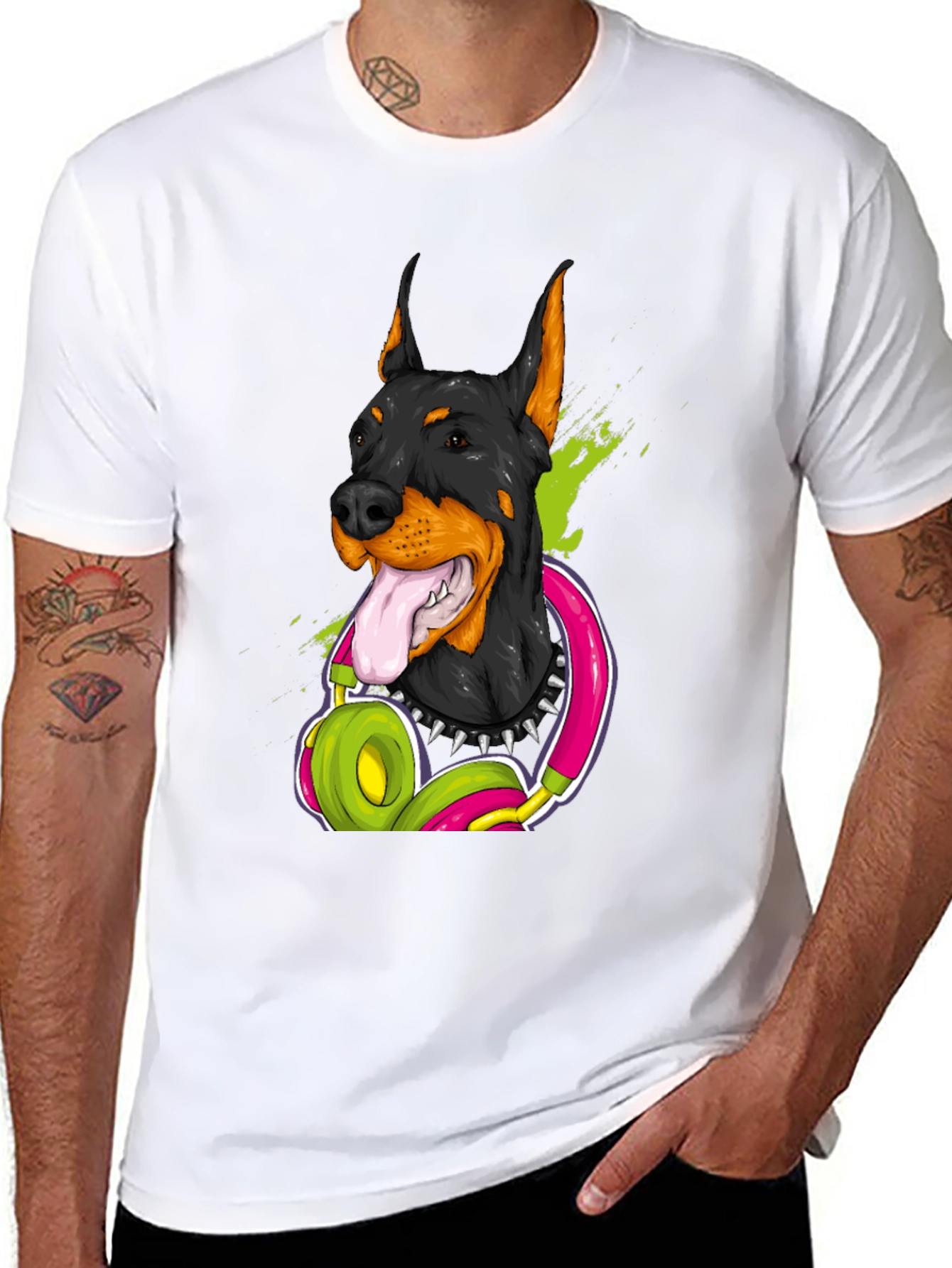 Doberman Dog with Headphones Graphic T-Shirt
